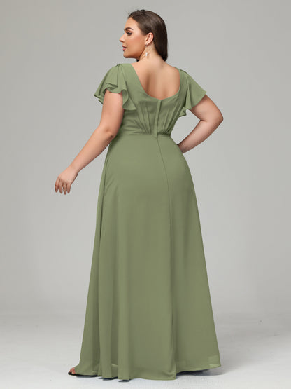 V Neck Chiffon Plus Size Long Bridesmaid Dresses with Sleeves