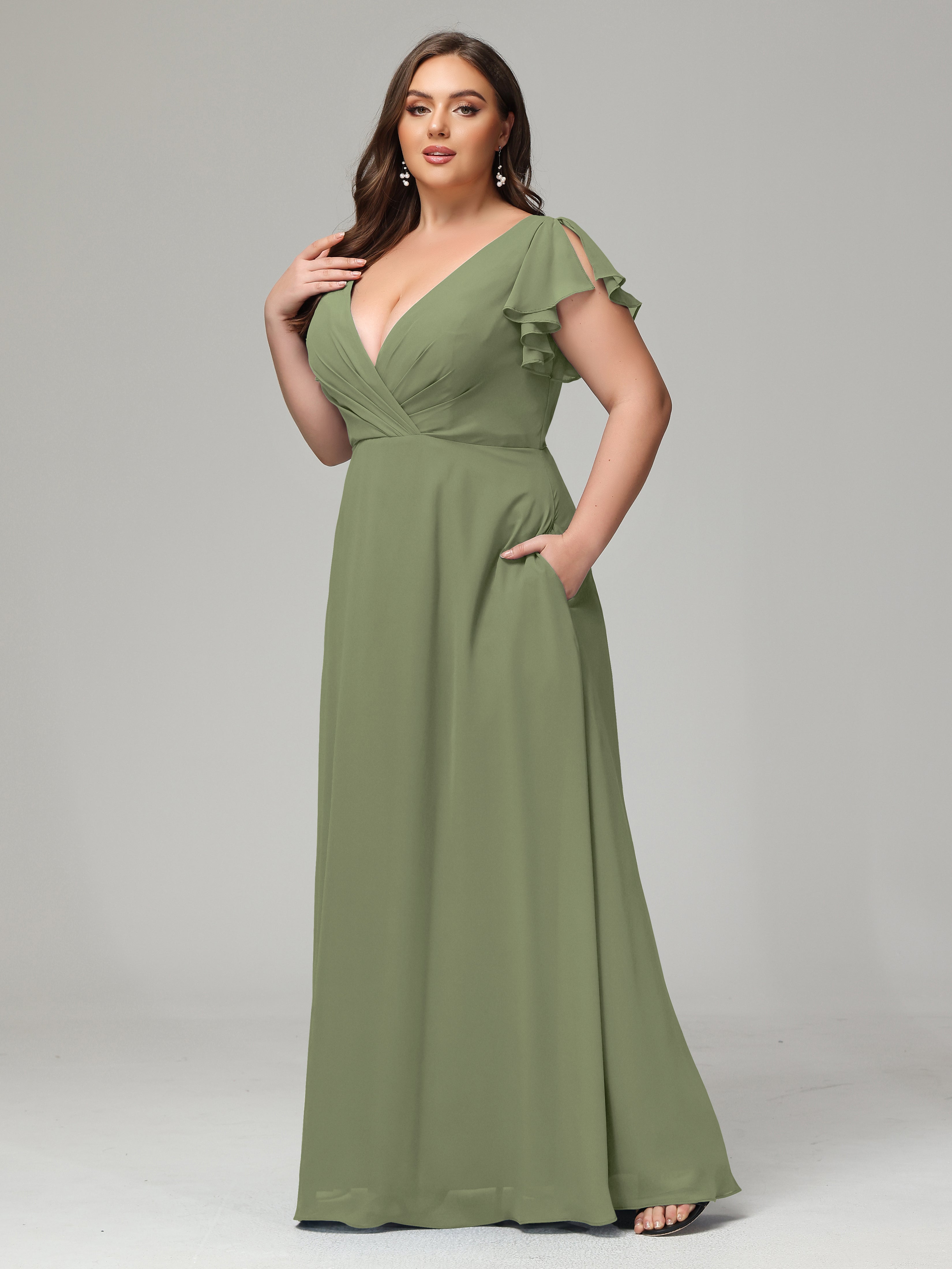 V Neck Chiffon Plus Size Long Bridesmaid Dresses with Sleeves