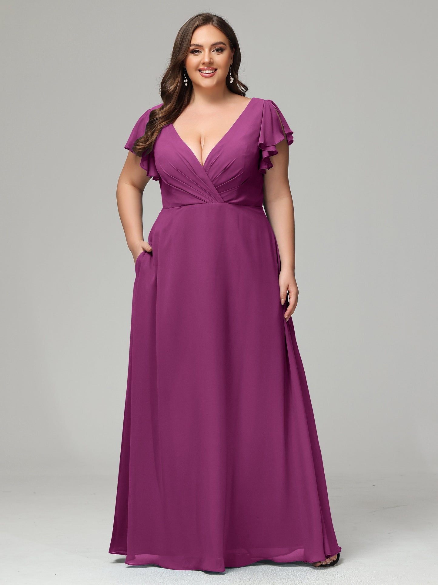 V Neck Chiffon Plus Size Long Bridesmaid Dresses with Sleeves
