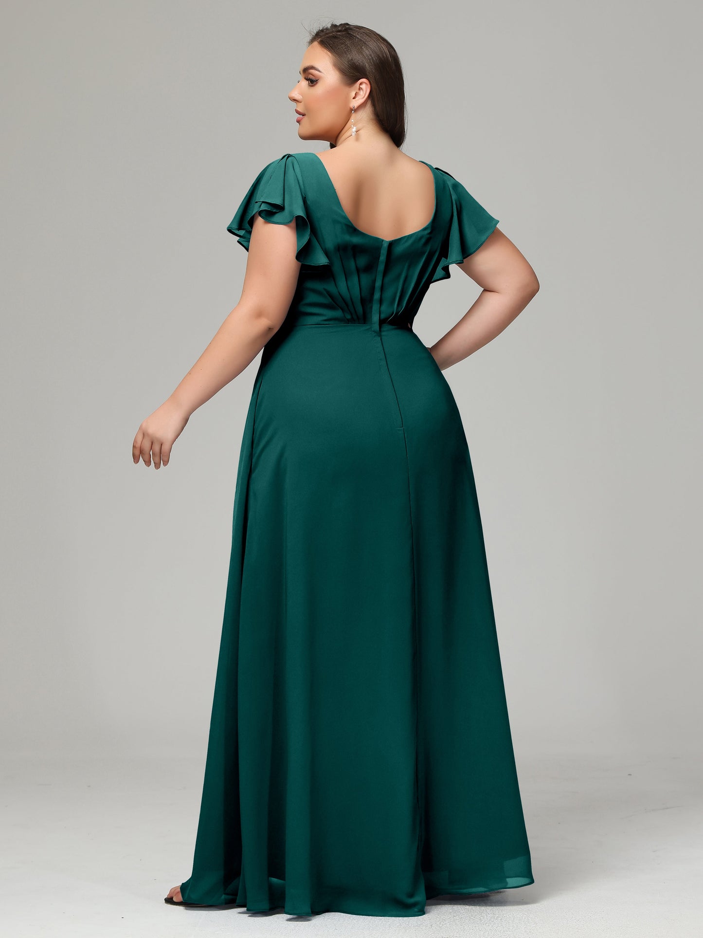 V Neck Chiffon Plus Size Long Bridesmaid Dresses with Sleeves