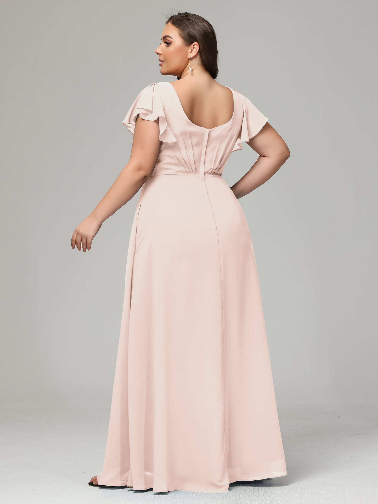 V Neck Chiffon Plus Size Long Bridesmaid Dresses with Sleeves