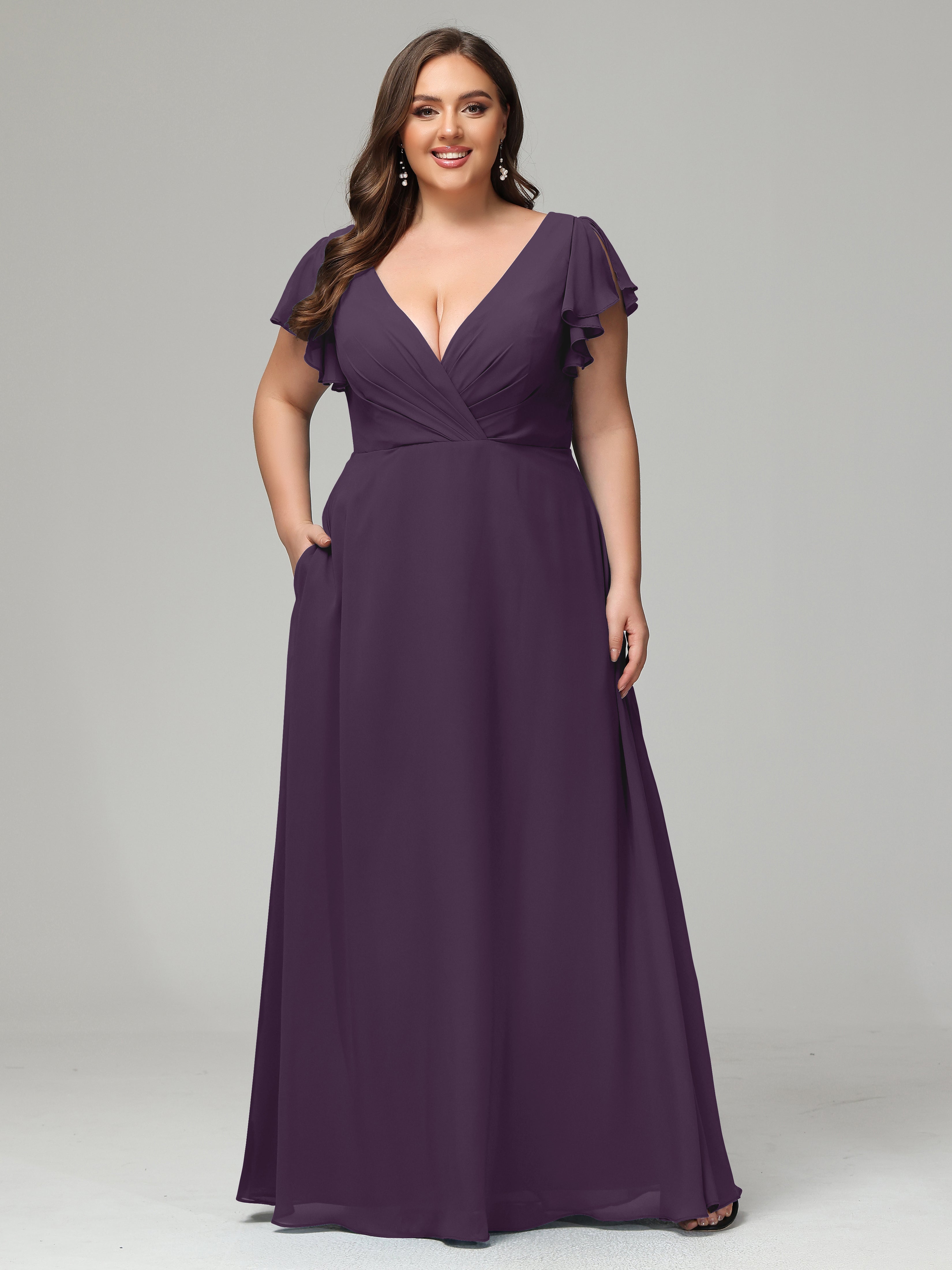 V Neck Chiffon Plus Size Long Bridesmaid Dresses with Sleeves