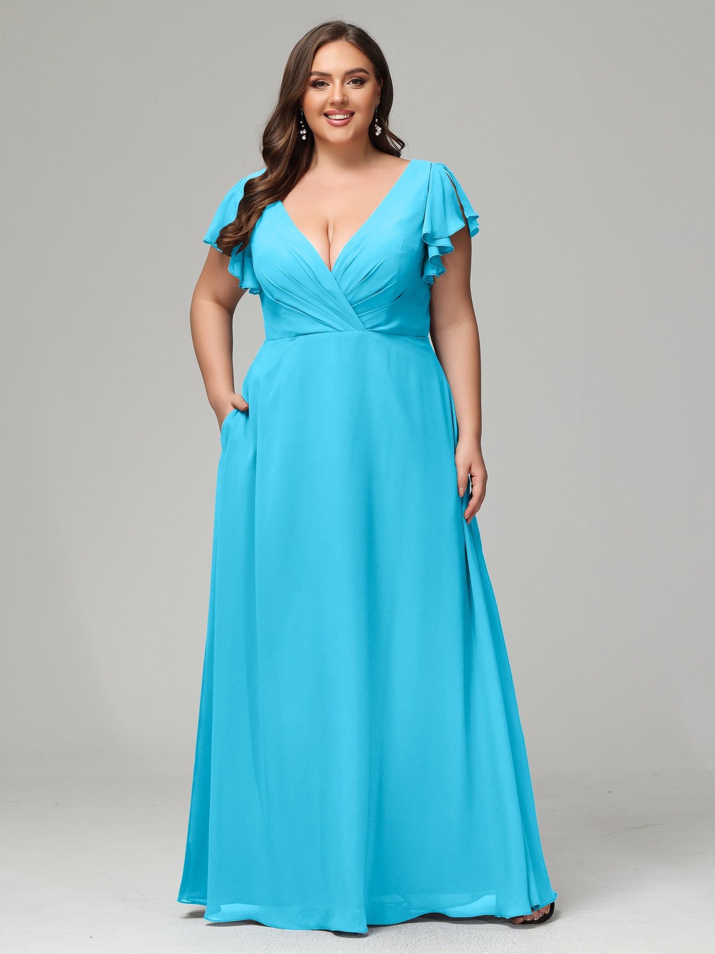 V Neck Chiffon Plus Size Long Bridesmaid Dresses with Sleeves