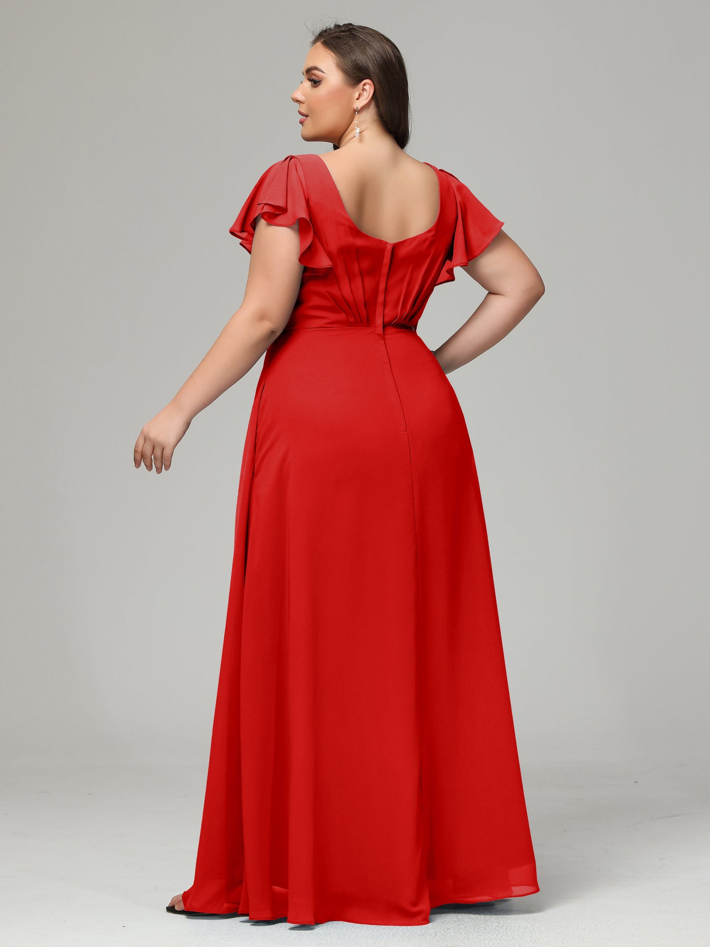 V Neck Chiffon Plus Size Long Bridesmaid Dresses with Sleeves