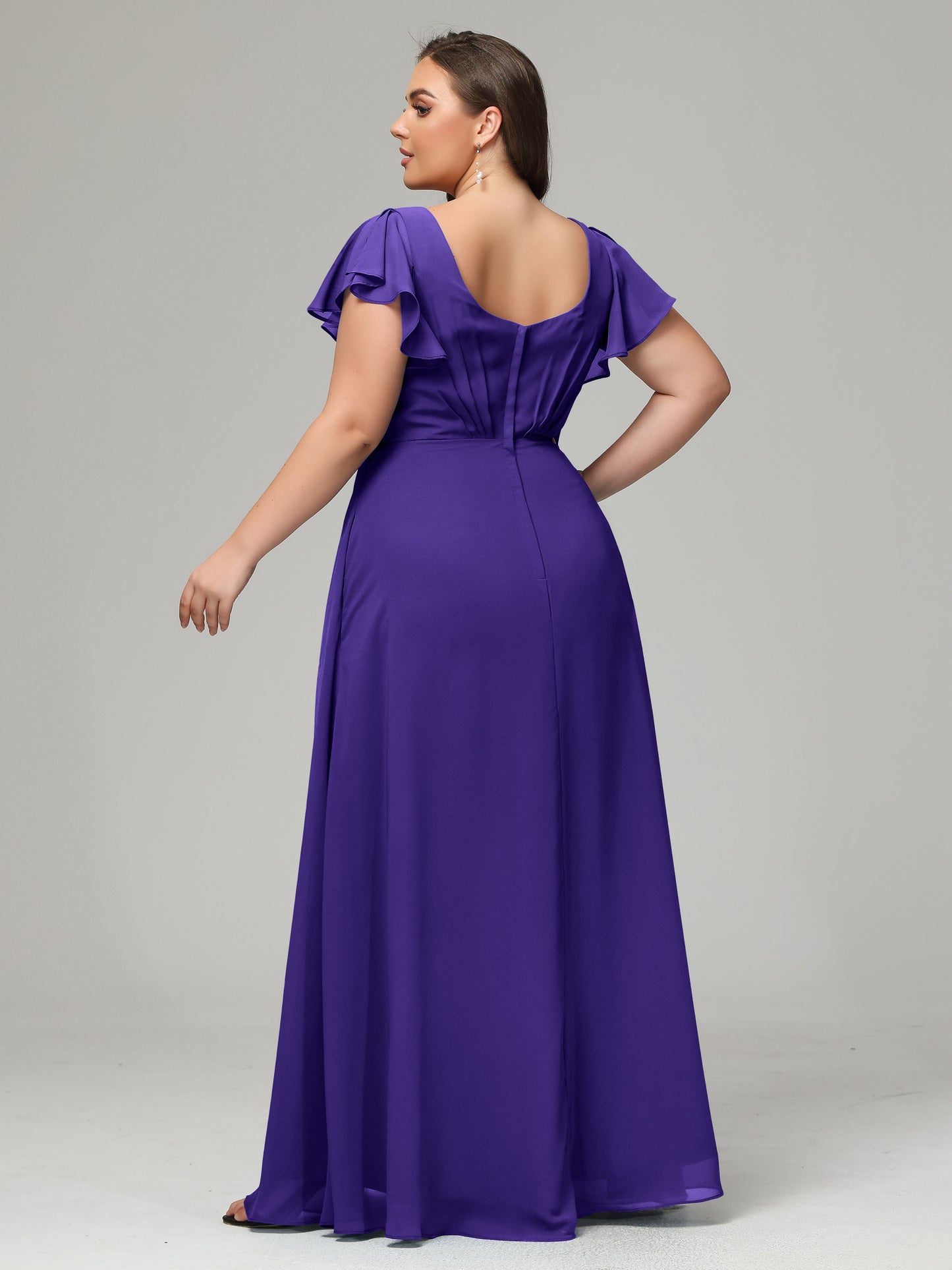 V Neck Chiffon Plus Size Long Bridesmaid Dresses with Sleeves