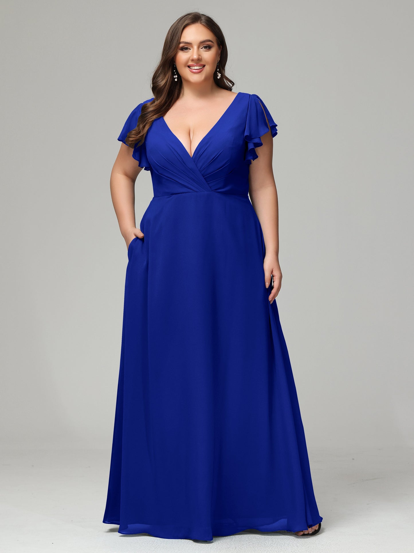 V Neck Chiffon Plus Size Long Bridesmaid Dresses with Sleeves