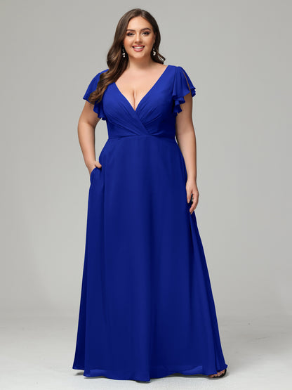 V Neck Chiffon Plus Size Long Bridesmaid Dresses with Sleeves