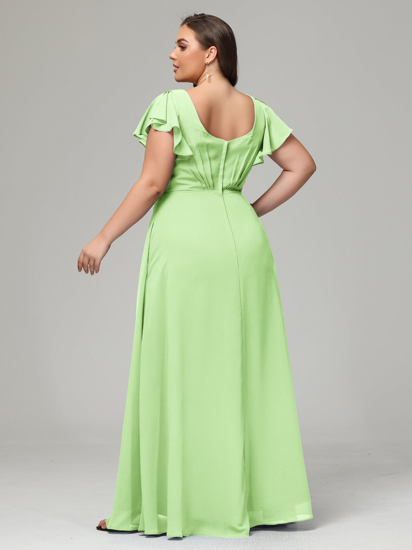 V Neck Chiffon Plus Size Long Bridesmaid Dresses with Sleeves