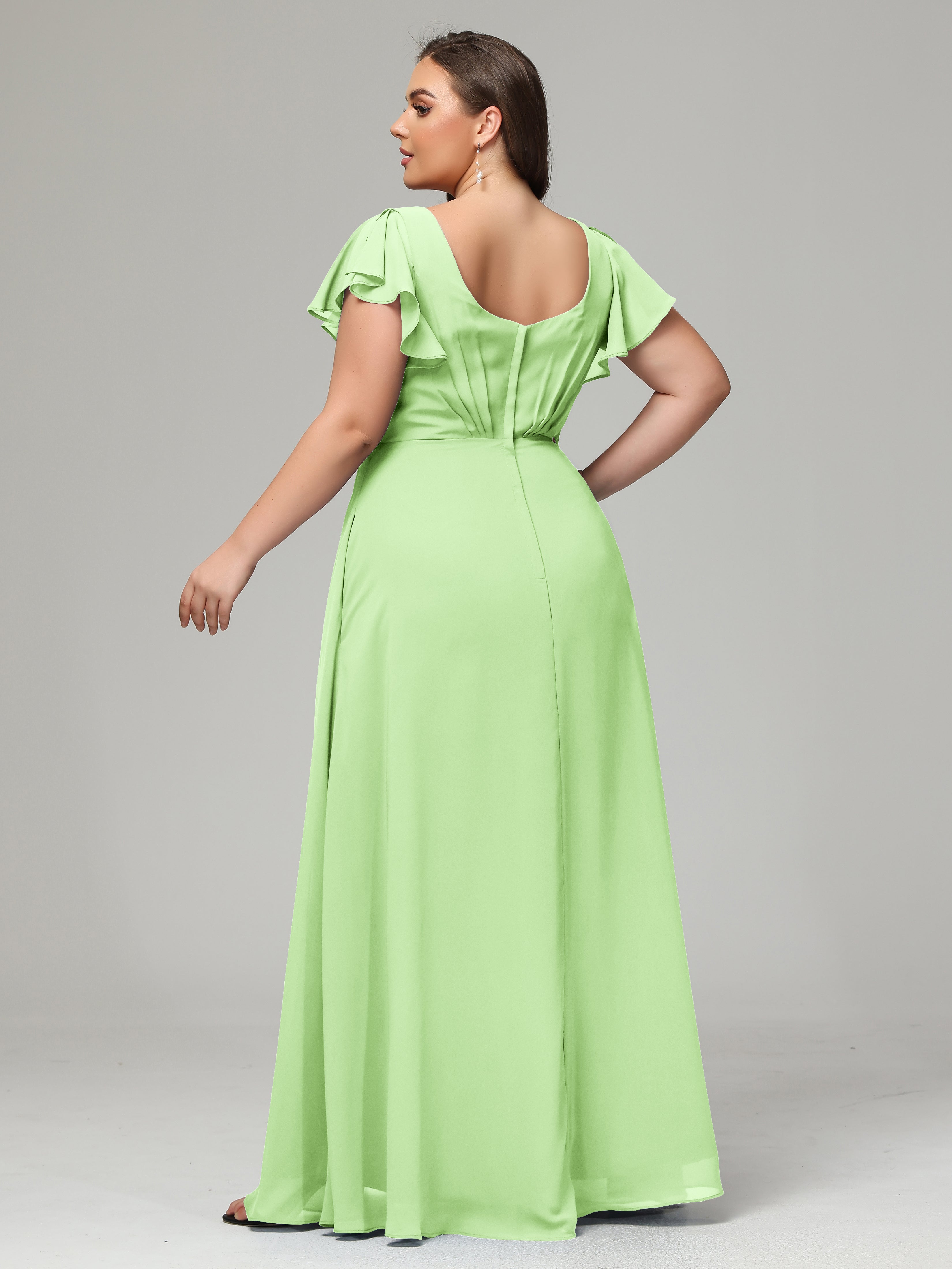 V Neck Chiffon Plus Size Long Bridesmaid Dresses with Sleeves