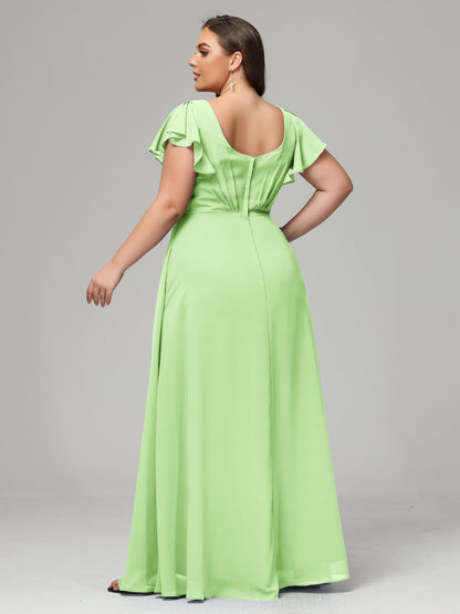 V Neck Chiffon Plus Size Long Bridesmaid Dresses with Sleeves