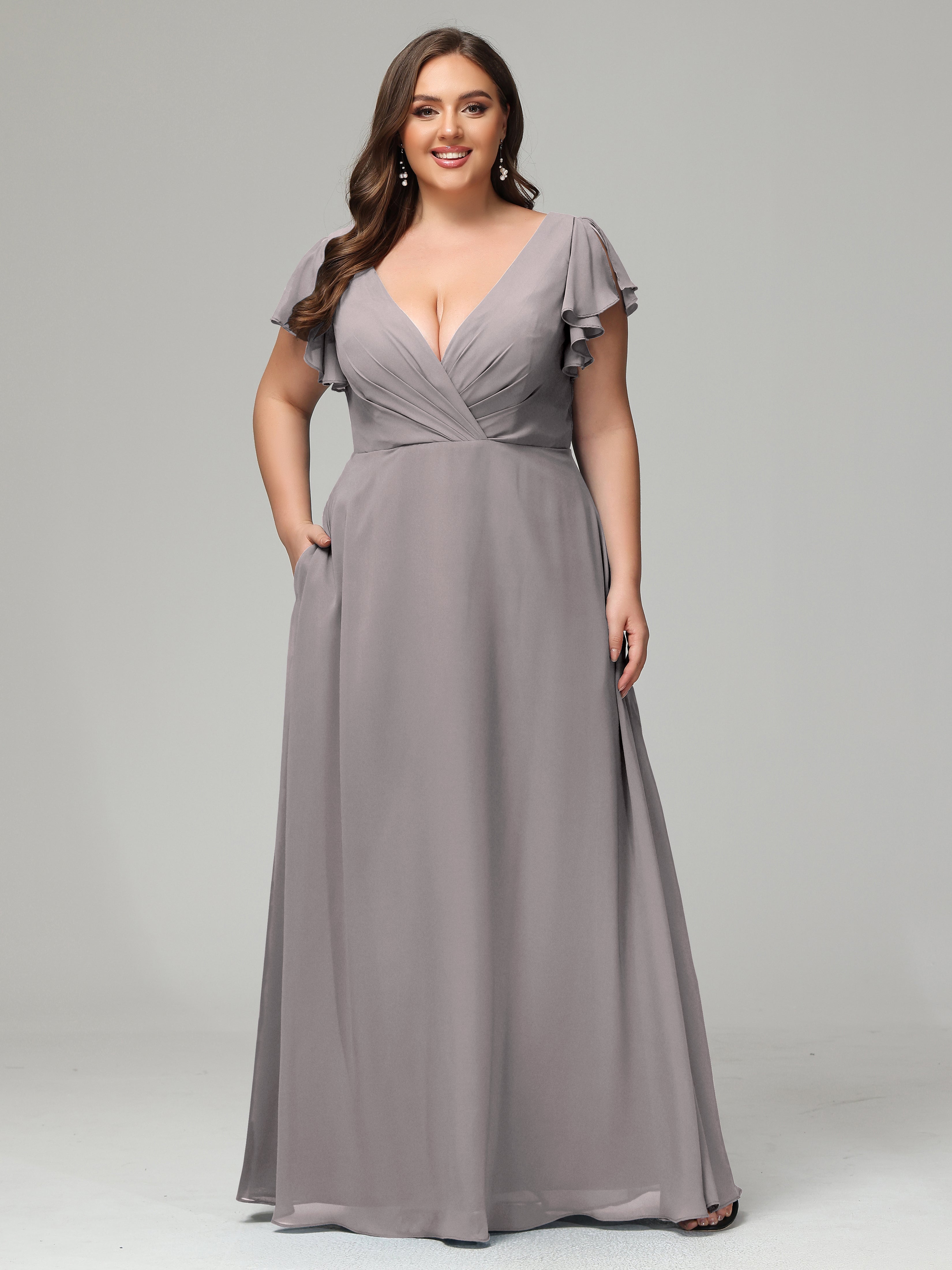 V Neck Chiffon Plus Size Long Bridesmaid Dresses with Sleeves