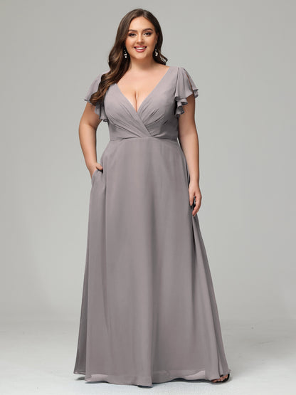 V Neck Chiffon Plus Size Long Bridesmaid Dresses with Sleeves