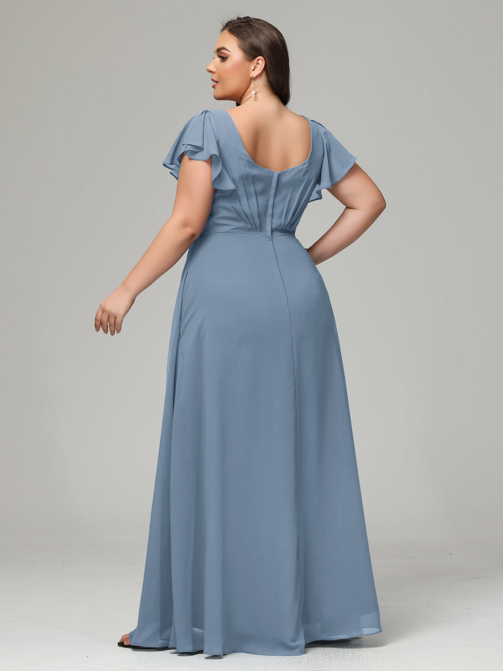 V Neck Chiffon Plus Size Long Bridesmaid Dresses with Sleeves