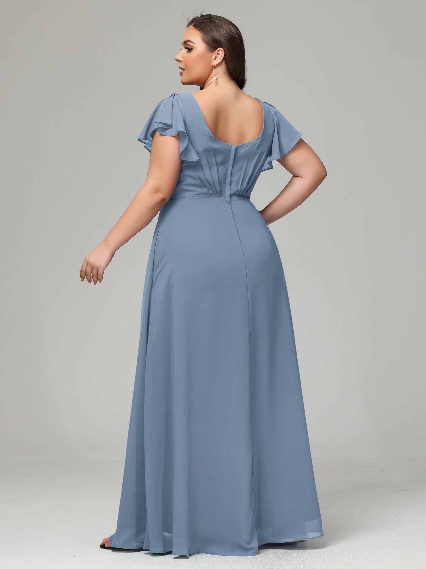 V Neck Chiffon Plus Size Long Bridesmaid Dresses with Sleeves