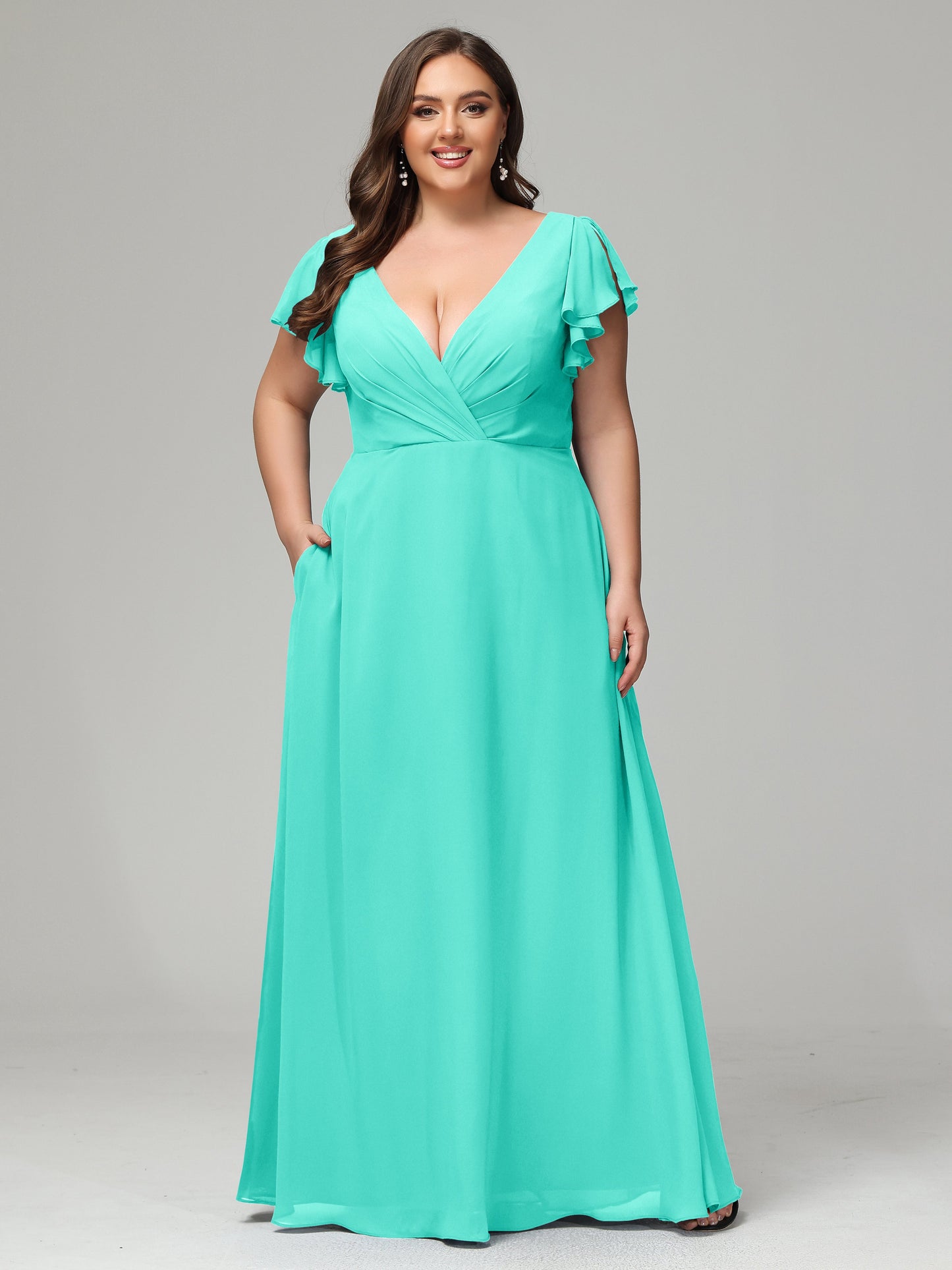 V Neck Chiffon Plus Size Long Bridesmaid Dresses with Sleeves