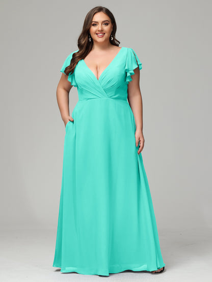 V Neck Chiffon Plus Size Long Bridesmaid Dresses with Sleeves