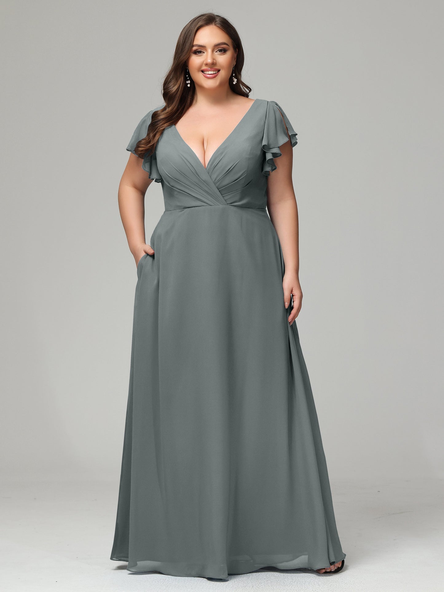 V Neck Chiffon Plus Size Long Bridesmaid Dresses with Sleeves
