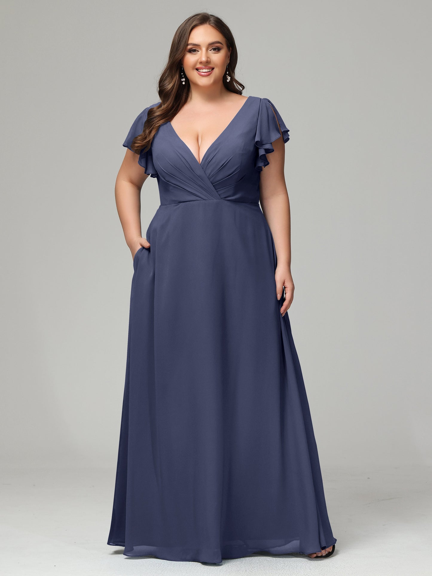 V Neck Chiffon Plus Size Long Bridesmaid Dresses with Sleeves