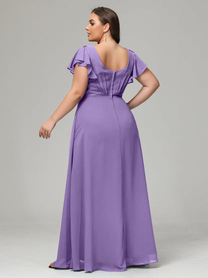 V Neck Chiffon Plus Size Long Bridesmaid Dresses with Sleeves