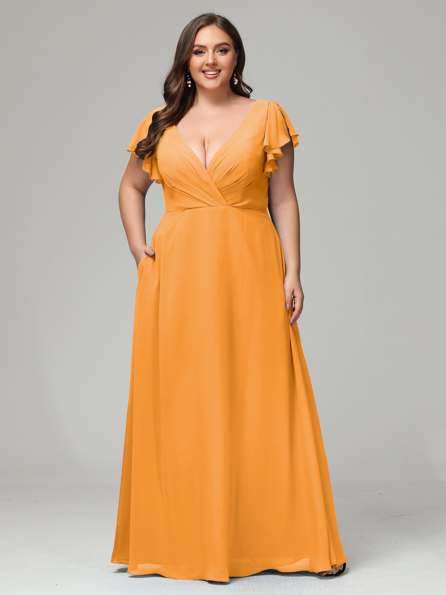 V Neck Chiffon Plus Size Long Bridesmaid Dresses with Sleeves