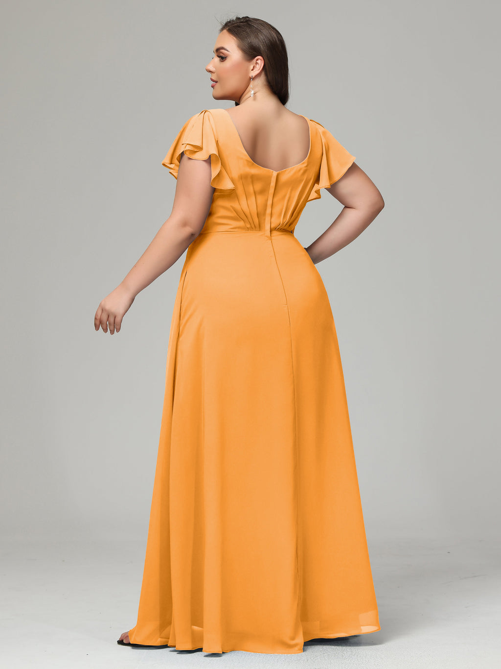 V Neck Chiffon Plus Size Long Bridesmaid Dresses with Sleeves