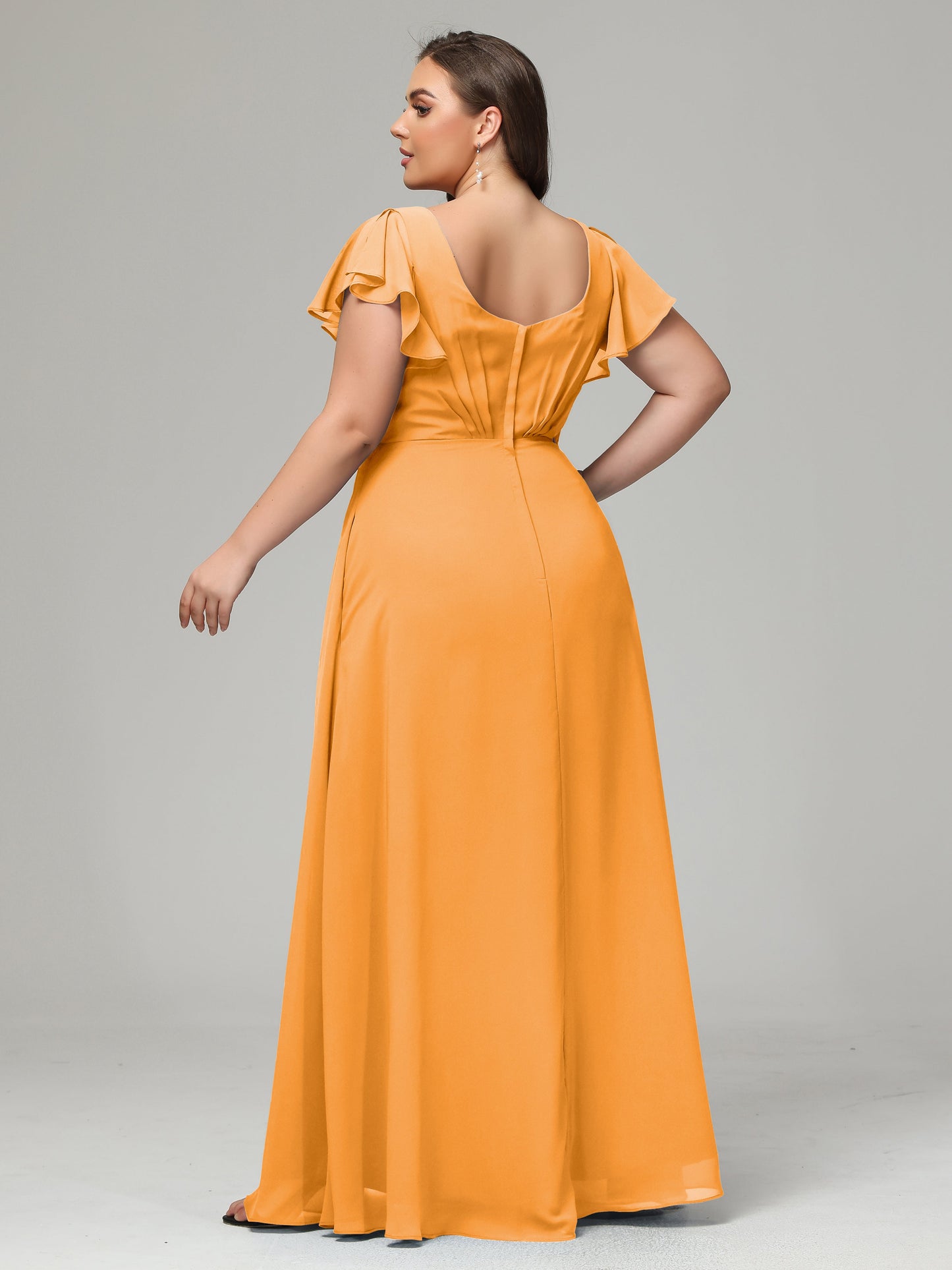 V Neck Chiffon Plus Size Long Bridesmaid Dresses with Sleeves