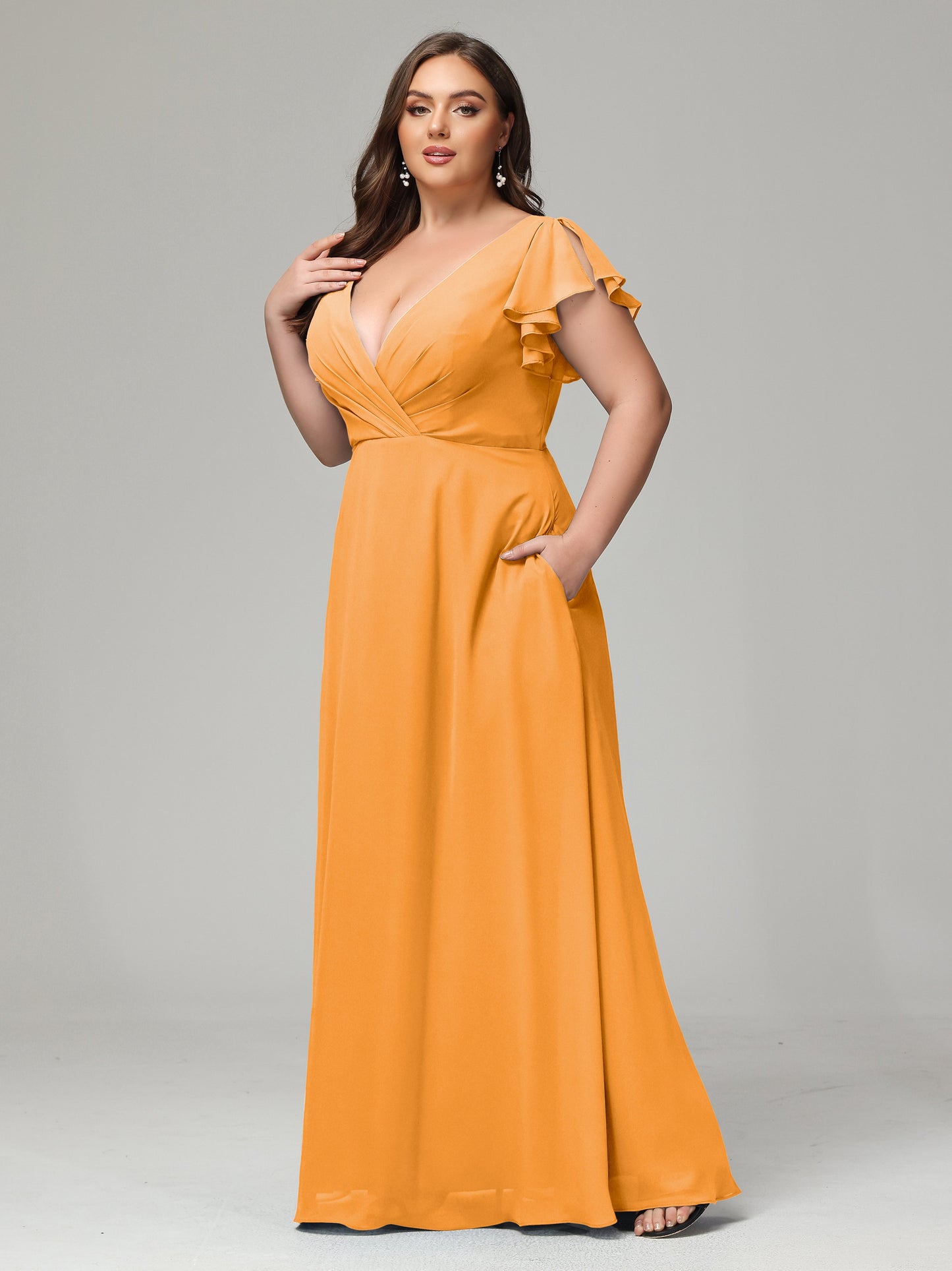 V Neck Chiffon Plus Size Long Bridesmaid Dresses with Sleeves