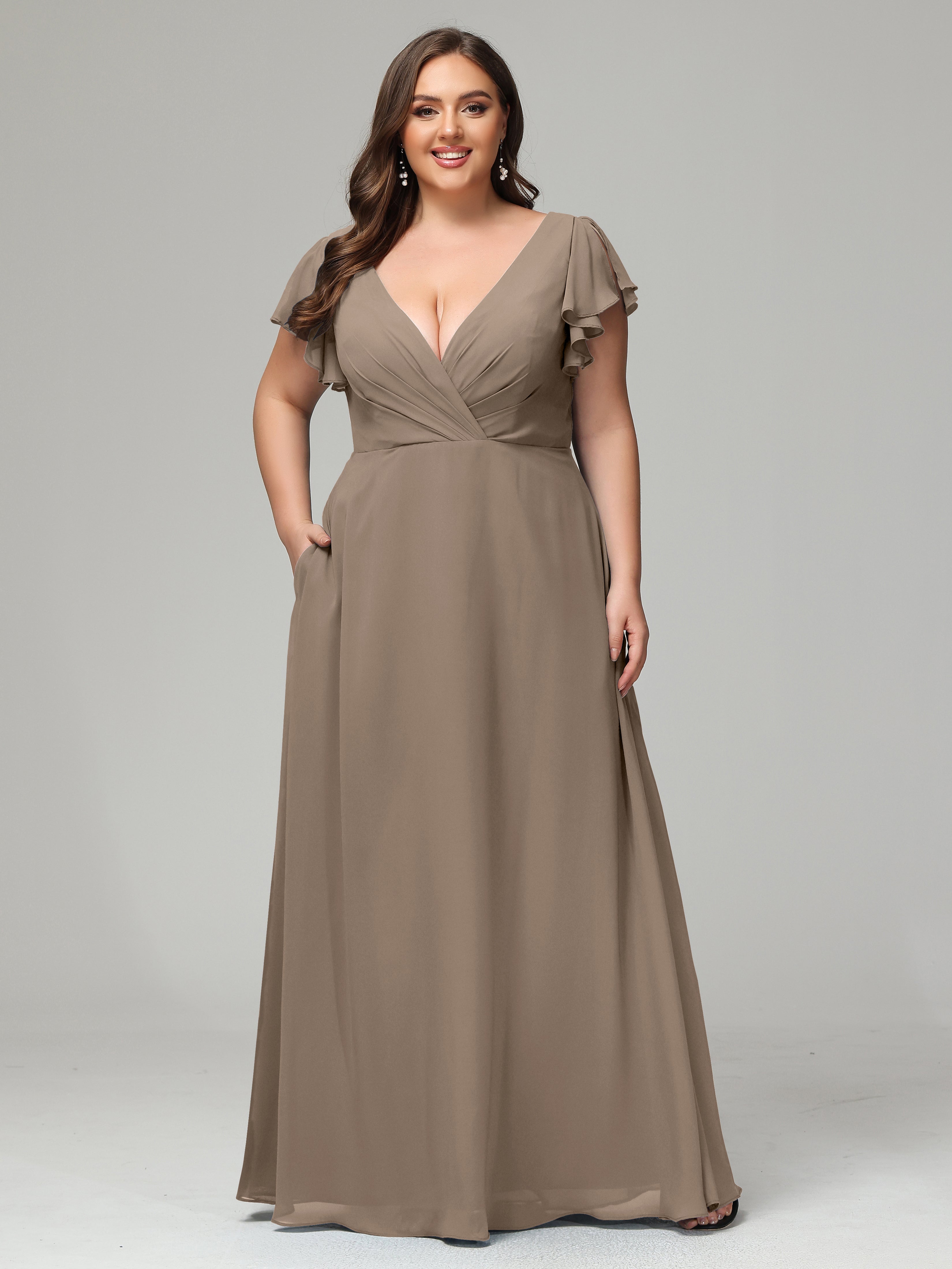 V Neck Chiffon Plus Size Long Bridesmaid Dresses with Sleeves