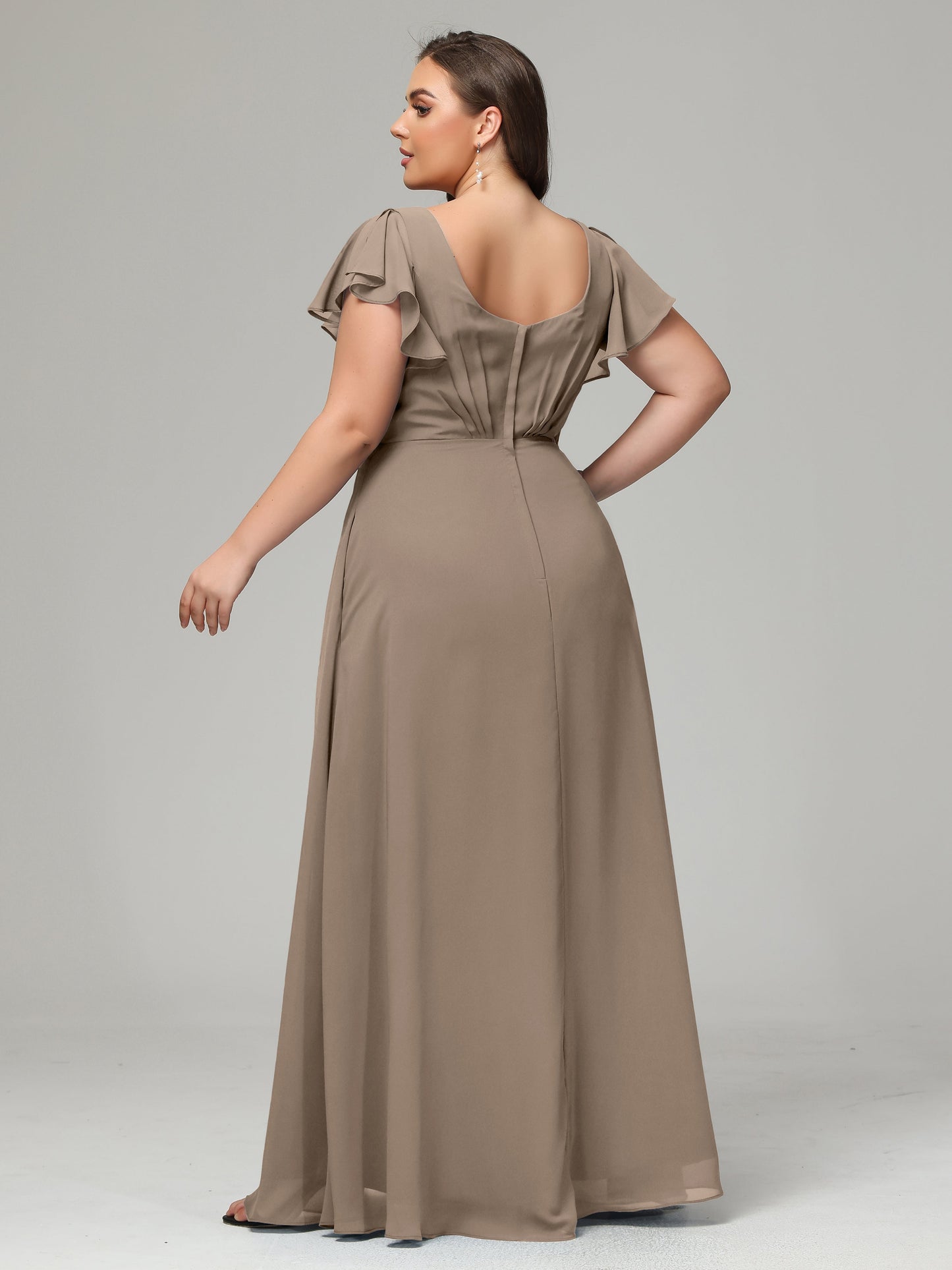 V Neck Chiffon Plus Size Long Bridesmaid Dresses with Sleeves