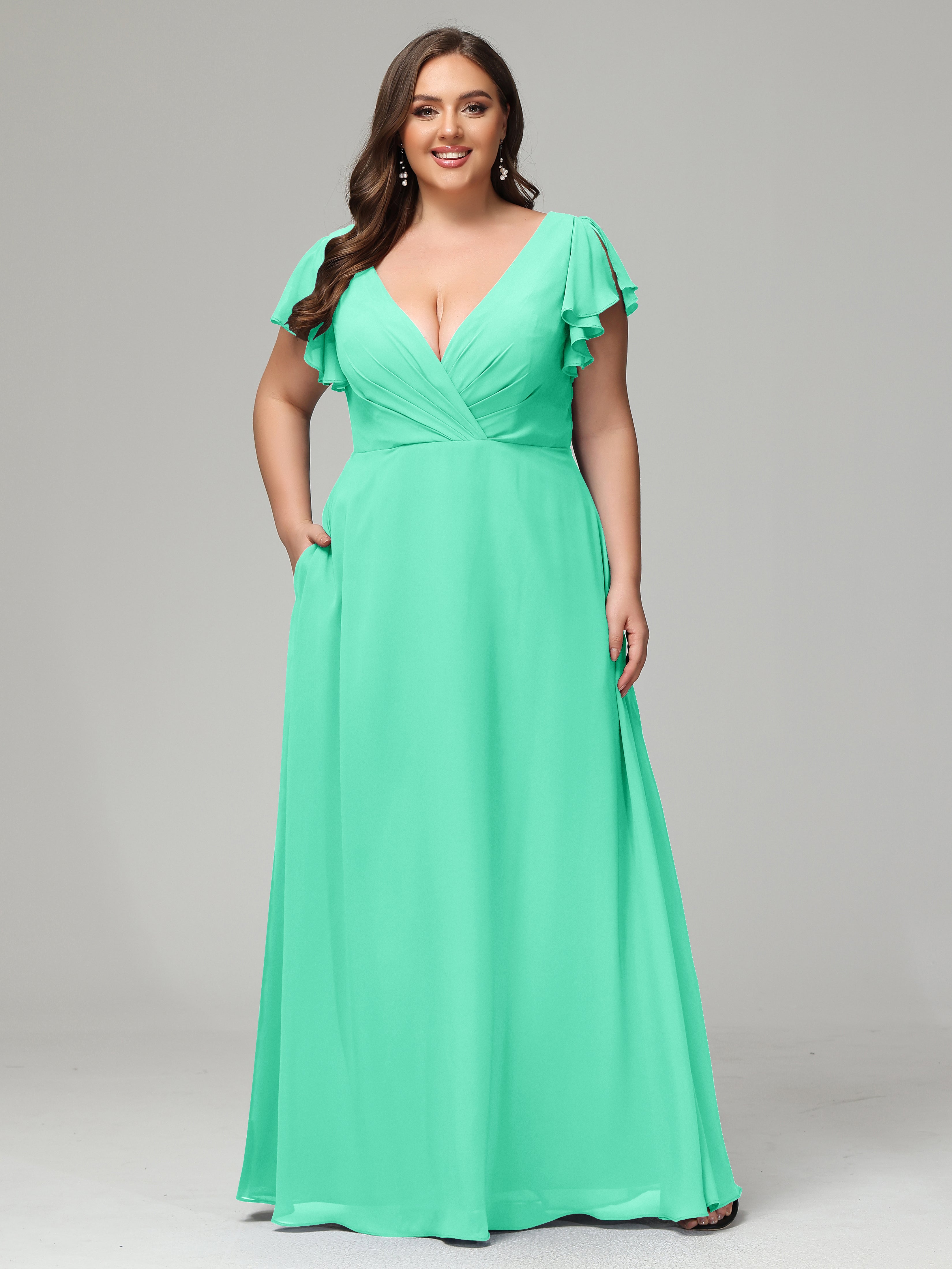 V Neck Chiffon Plus Size Long Bridesmaid Dresses with Sleeves
