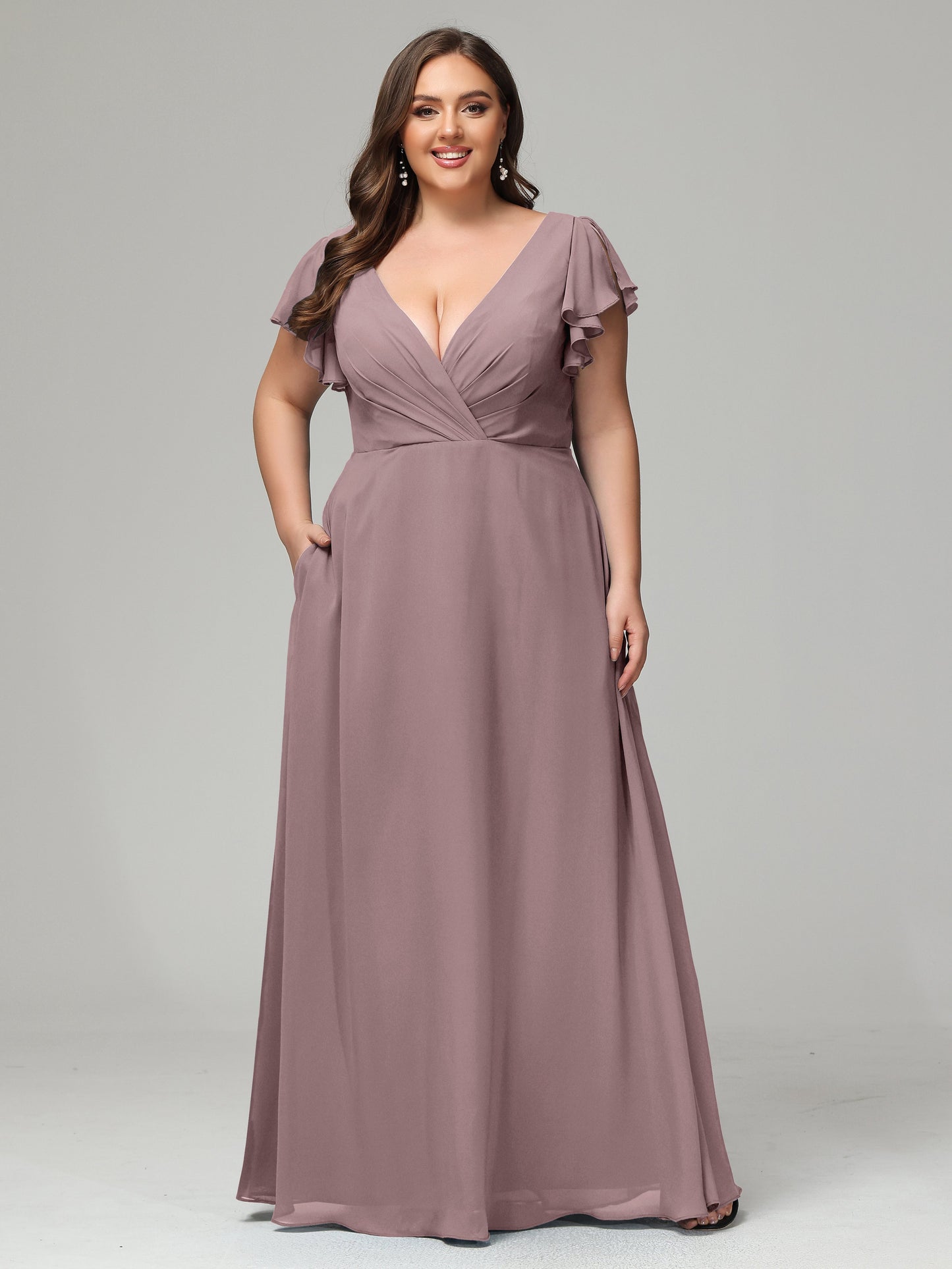 V Neck Chiffon Plus Size Long Bridesmaid Dresses with Sleeves