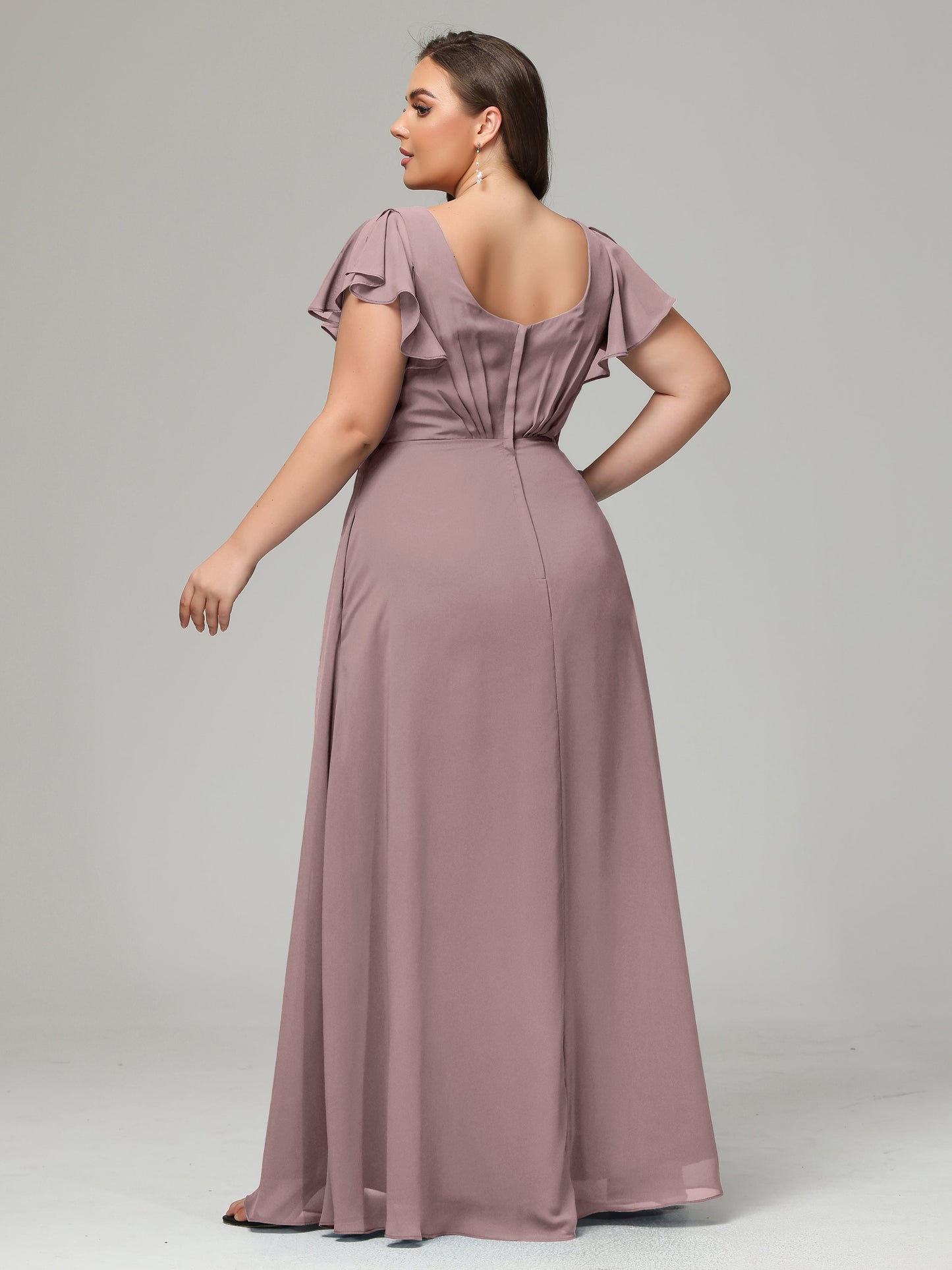 V Neck Chiffon Plus Size Long Bridesmaid Dresses with Sleeves