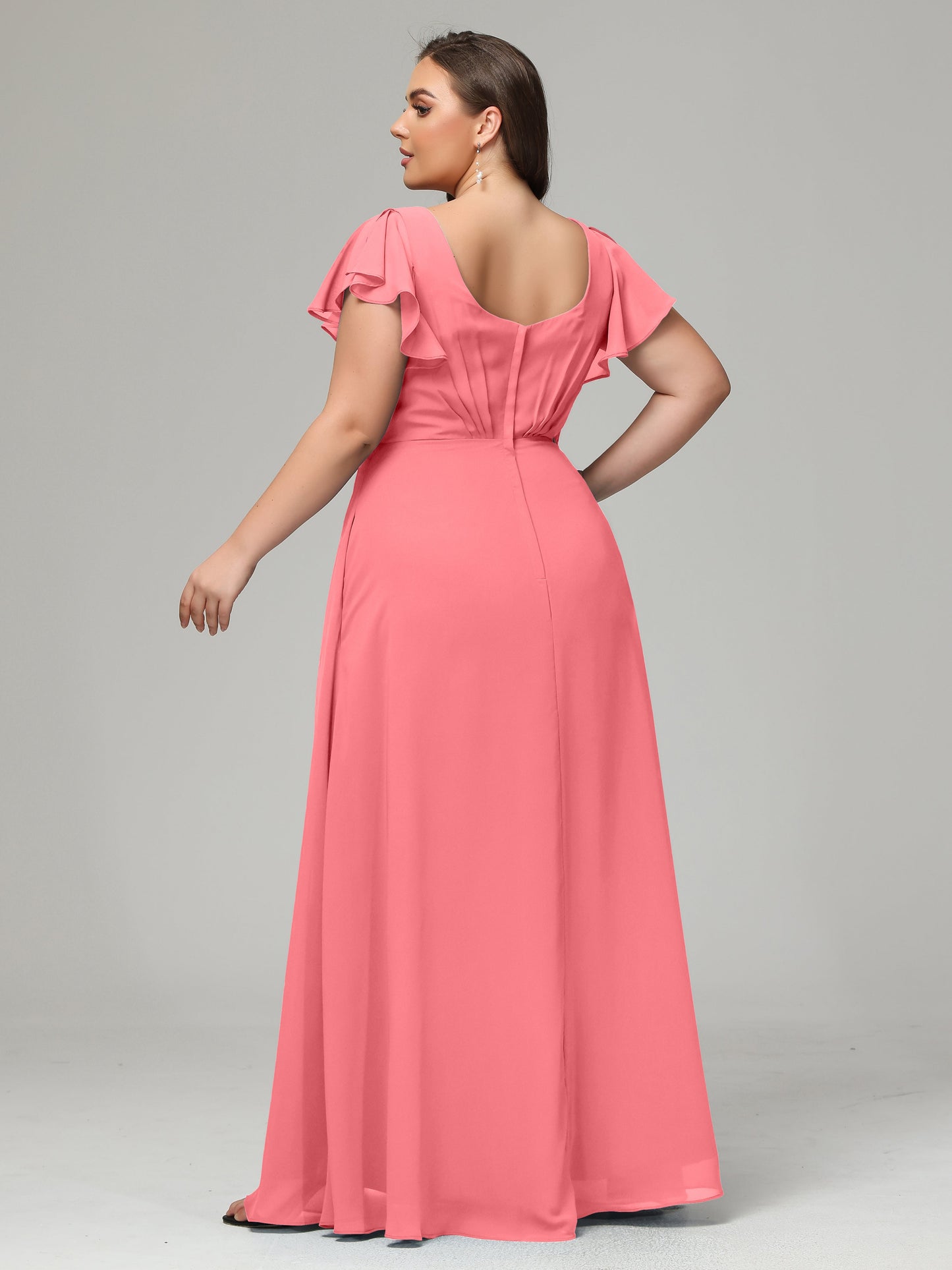 V Neck Chiffon Plus Size Long Bridesmaid Dresses with Sleeves