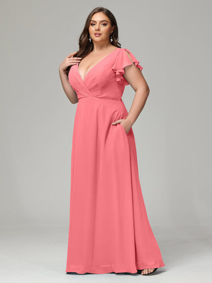 V Neck Chiffon Plus Size Long Bridesmaid Dresses with Sleeves