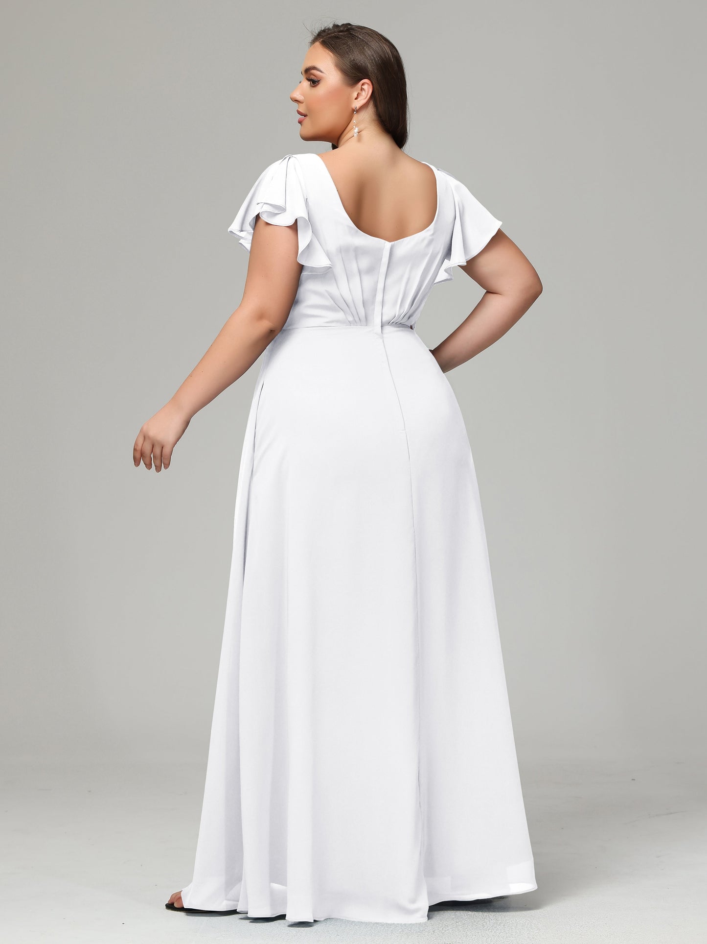 V Neck Chiffon Plus Size Long Bridesmaid Dresses with Sleeves