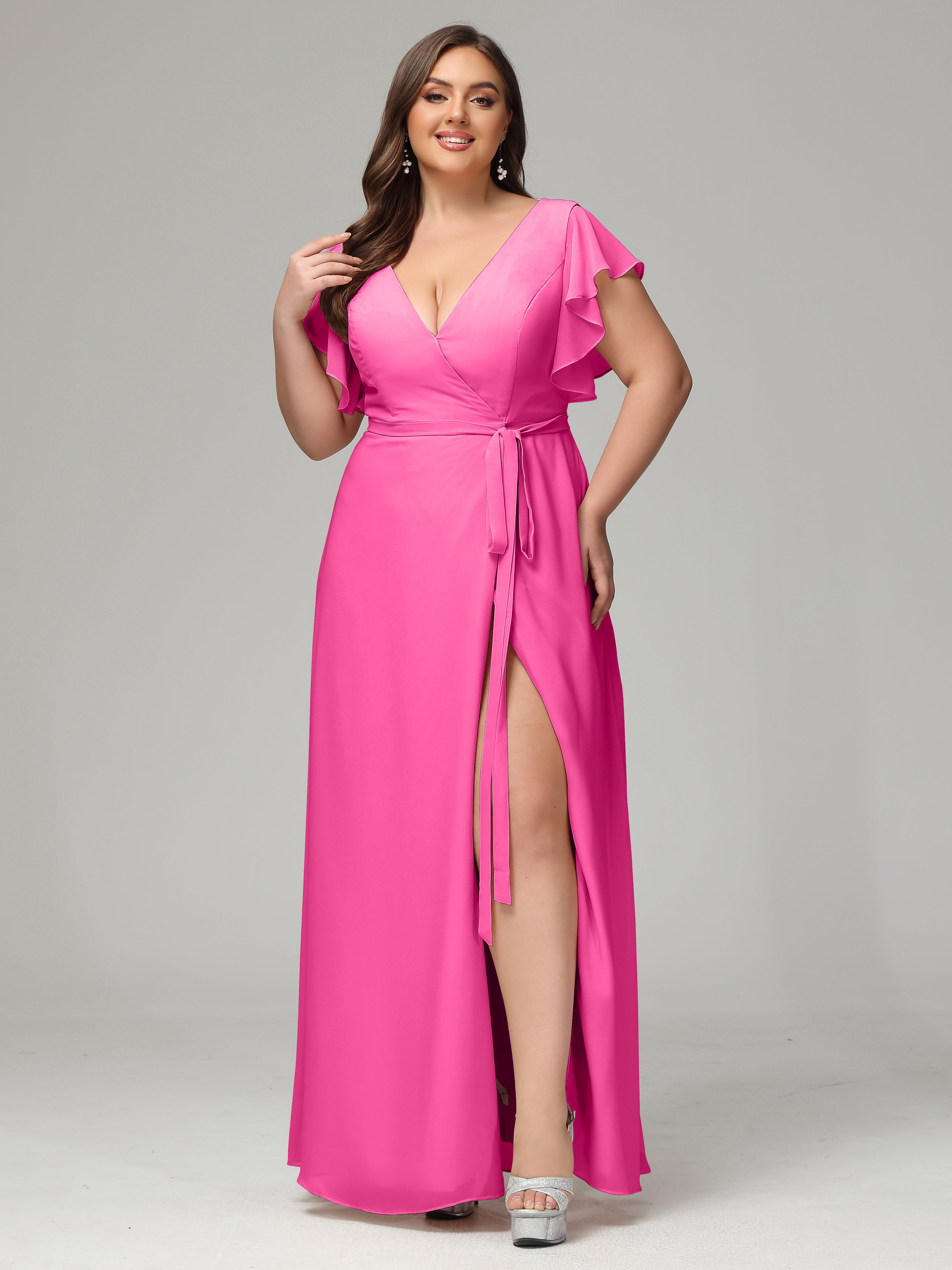 V-neck & Ruffled Sleeves Chiffon Bridesmaid Dress Plus Size