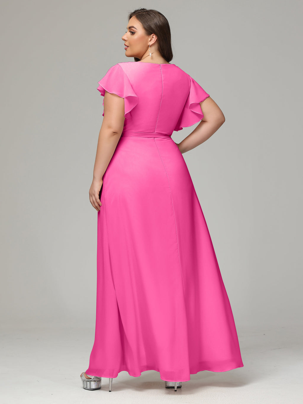 V-neck & Ruffled Sleeves Chiffon Bridesmaid Dress Plus Size