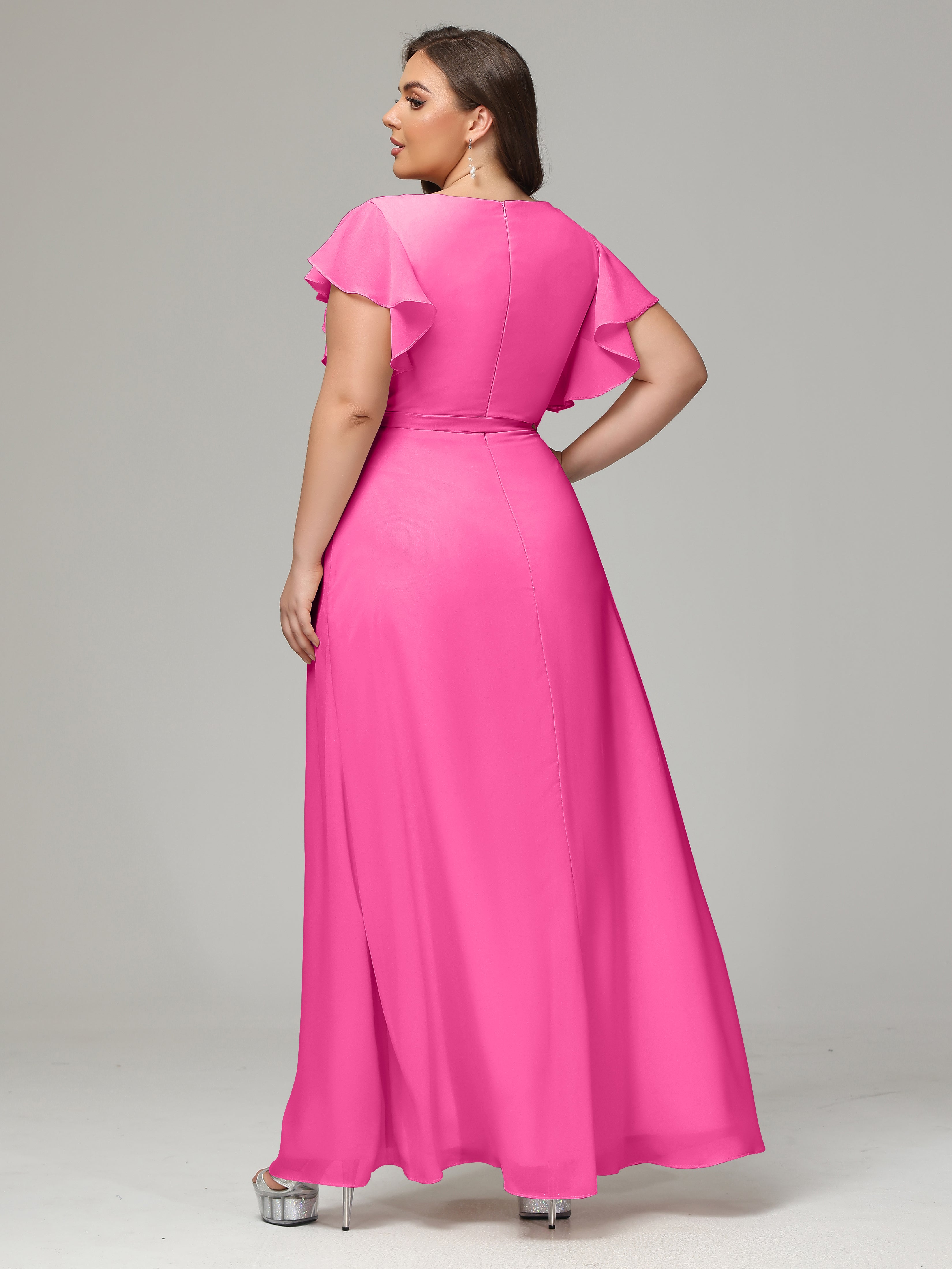 V-neck & Ruffled Sleeves Chiffon Bridesmaid Dress Plus Size