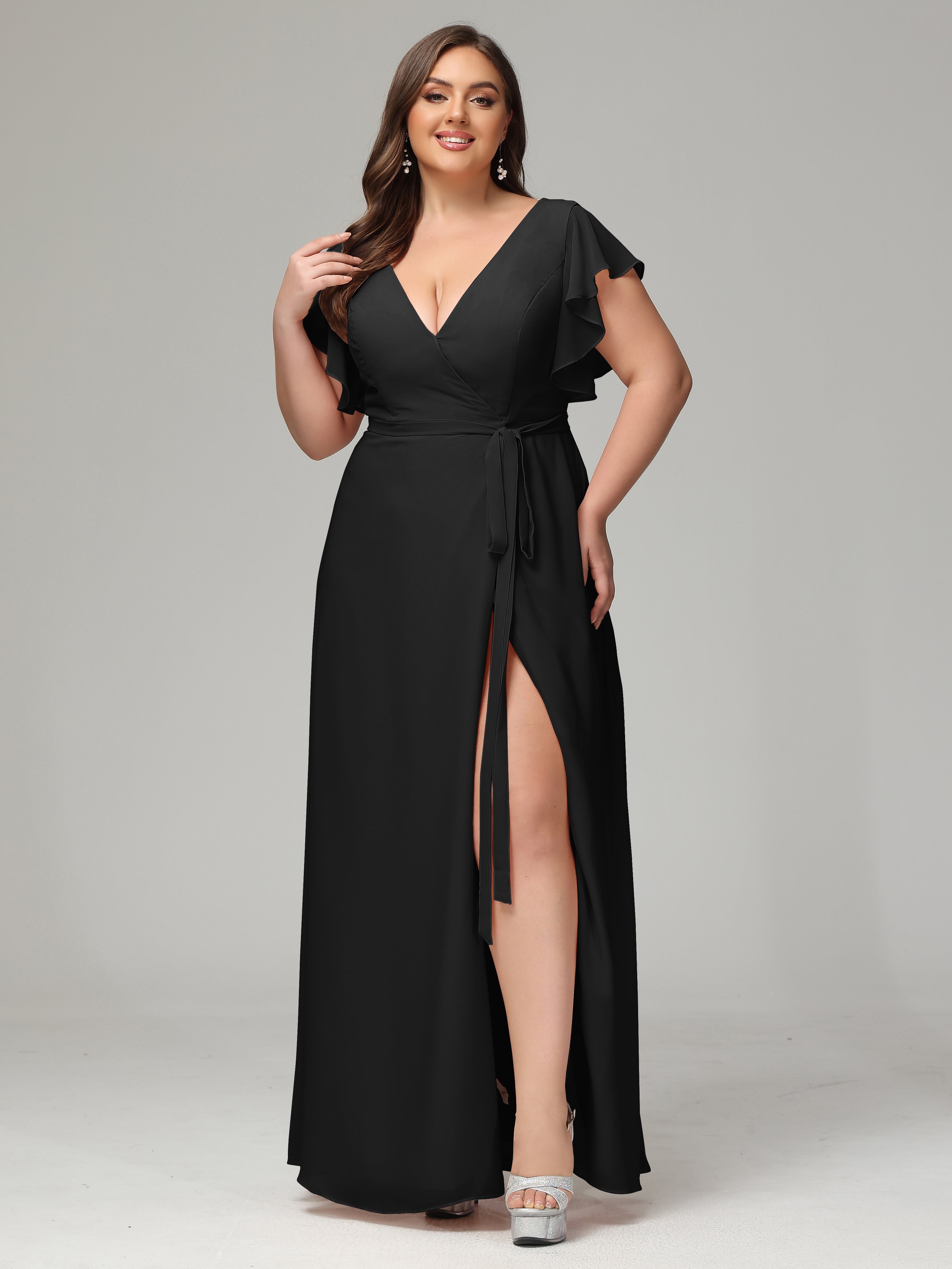 V-neck & Ruffled Sleeves Chiffon Bridesmaid Dress Plus Size