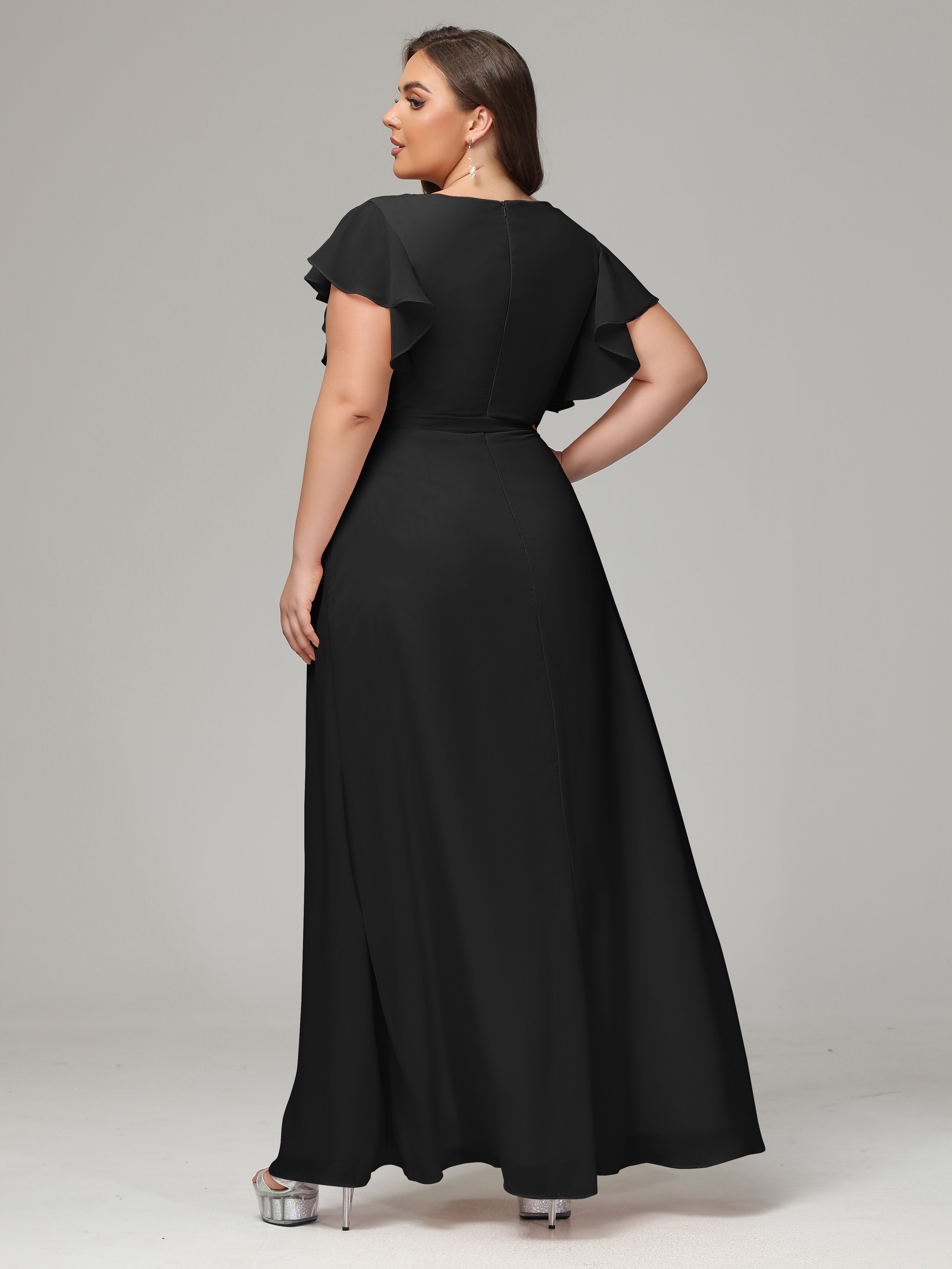 V-neck & Ruffled Sleeves Chiffon Bridesmaid Dress Plus Size