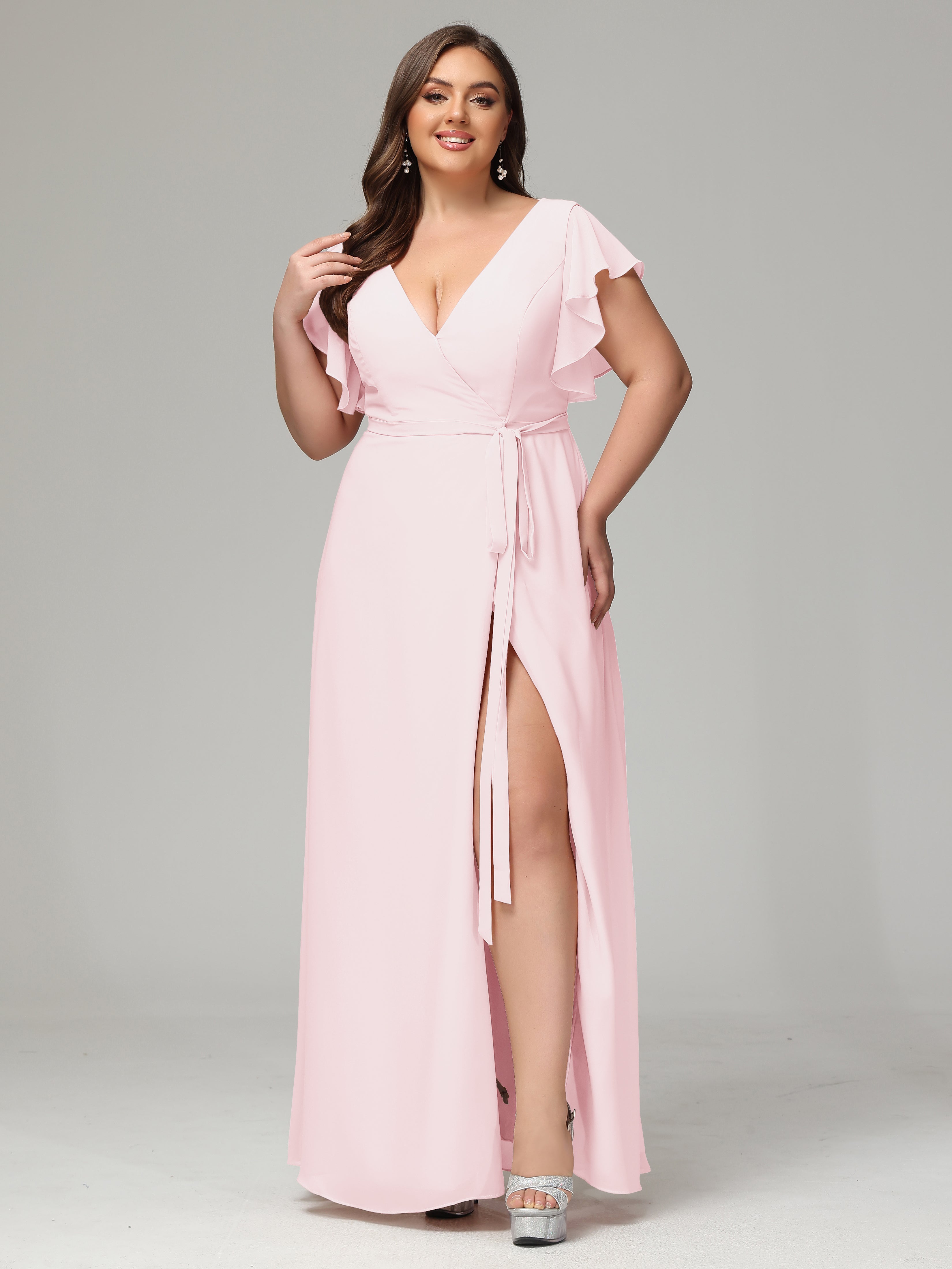 V-neck & Ruffled Sleeves Chiffon Bridesmaid Dress Plus Size