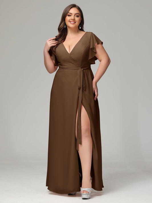 V-neck & Ruffled Sleeves Chiffon Bridesmaid Dress Plus Size