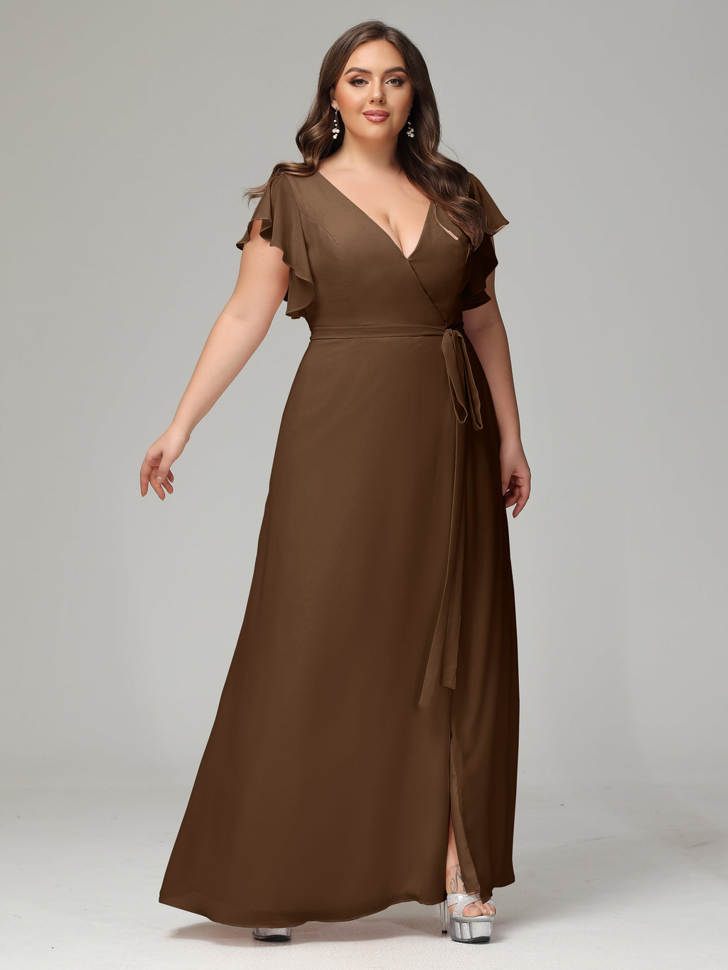 V-neck & Ruffled Sleeves Chiffon Bridesmaid Dress Plus Size