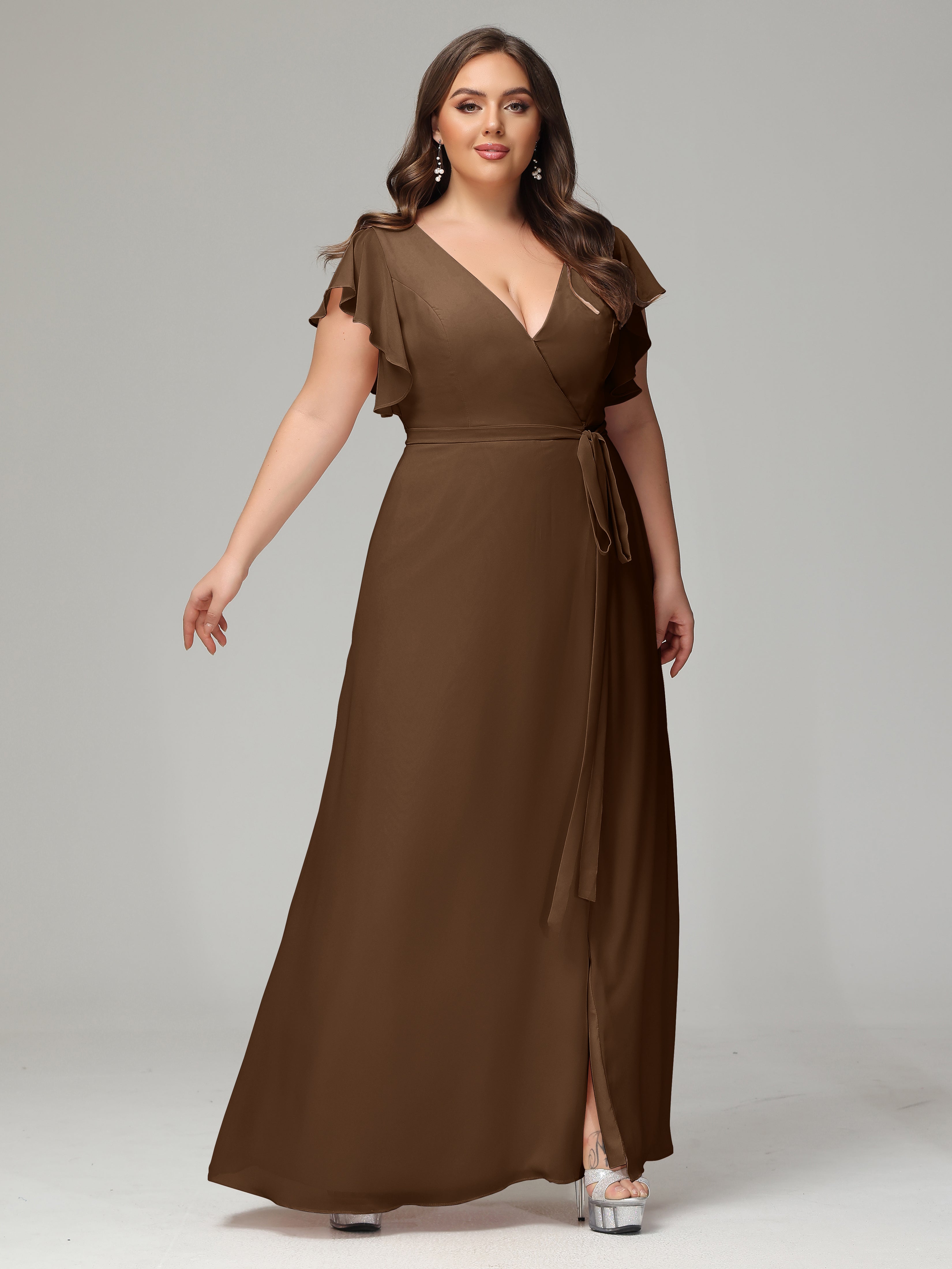 V-neck & Ruffled Sleeves Chiffon Bridesmaid Dress Plus Size