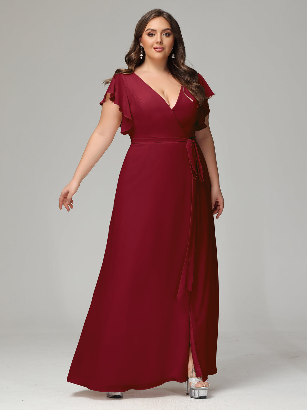 V-neck & Ruffled Sleeves Chiffon Bridesmaid Dress Plus Size