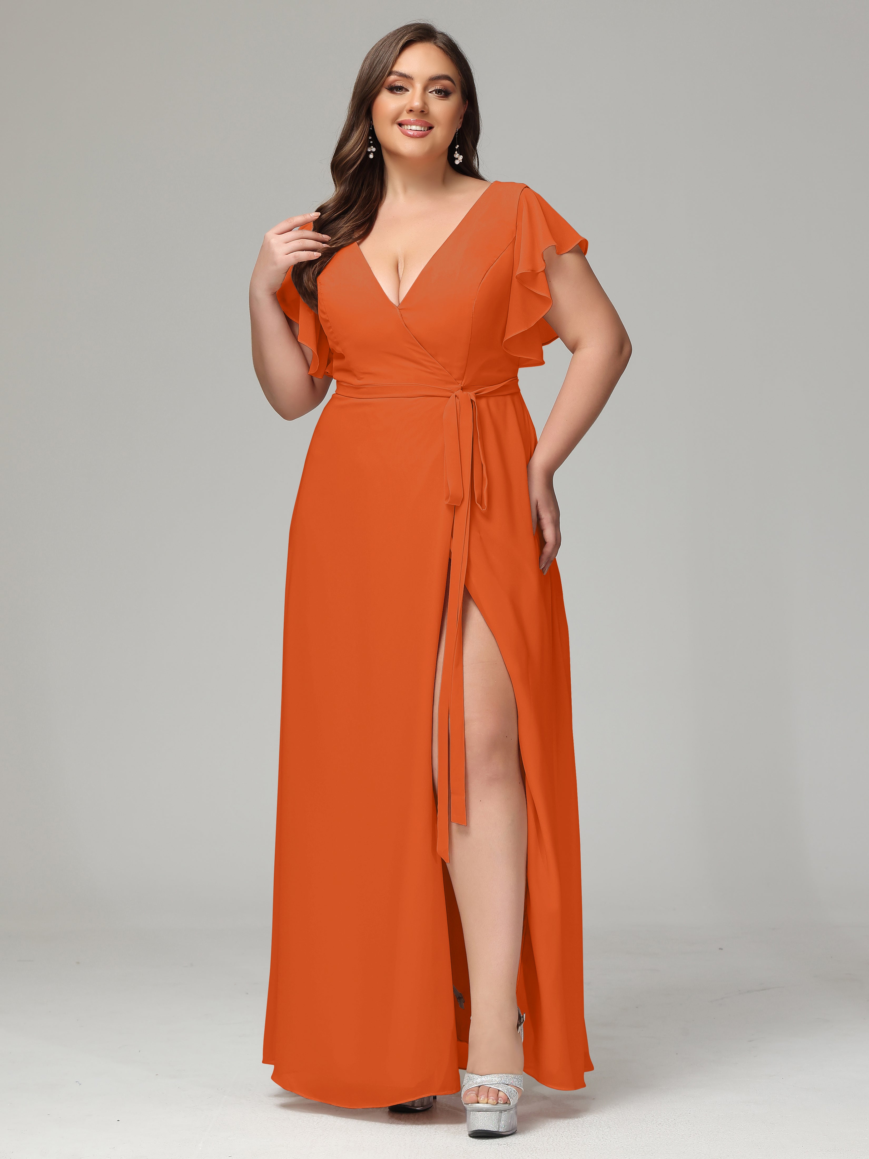 V-neck & Ruffled Sleeves Chiffon Bridesmaid Dress Plus Size