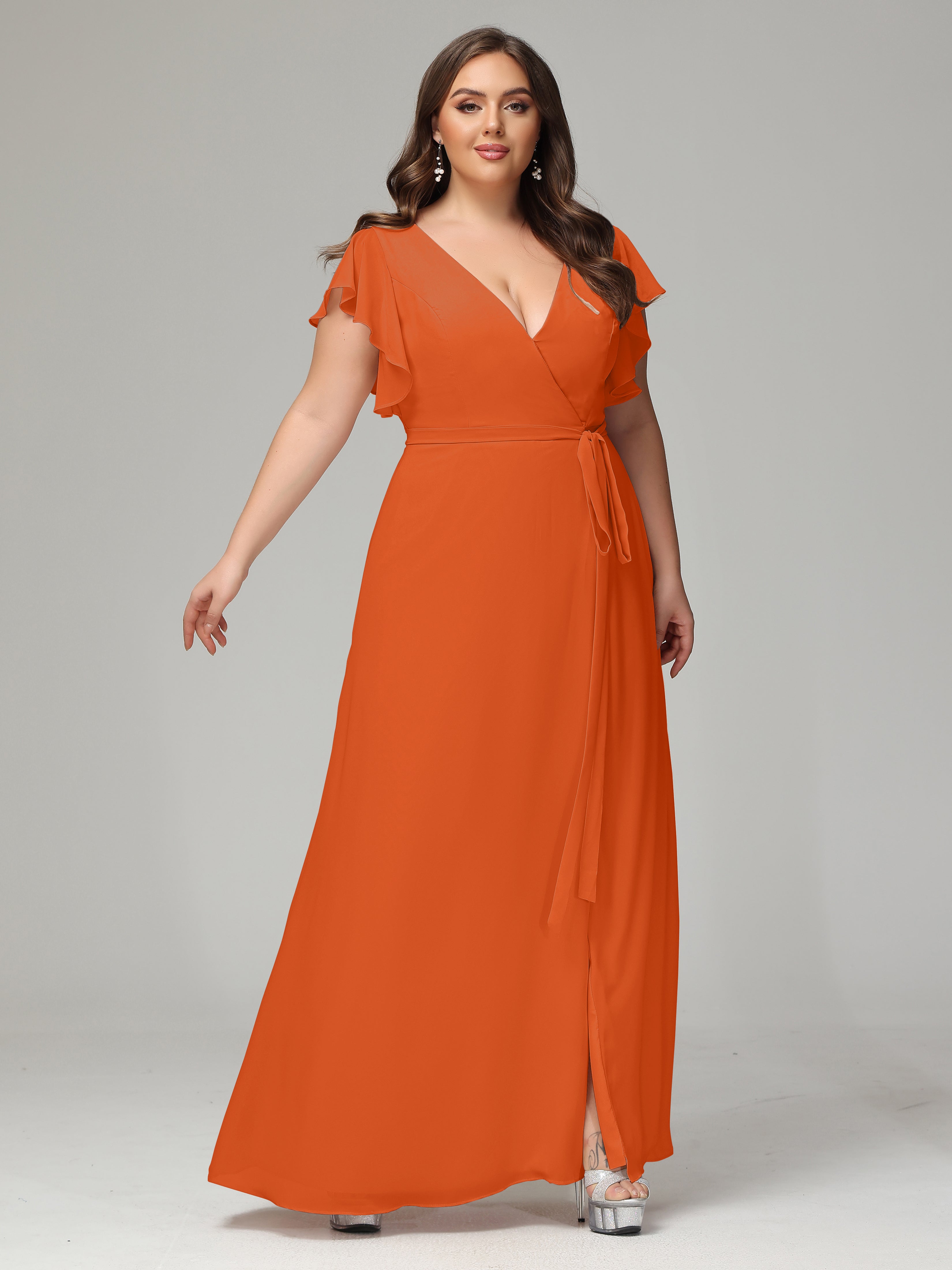 V-neck & Ruffled Sleeves Chiffon Bridesmaid Dress Plus Size