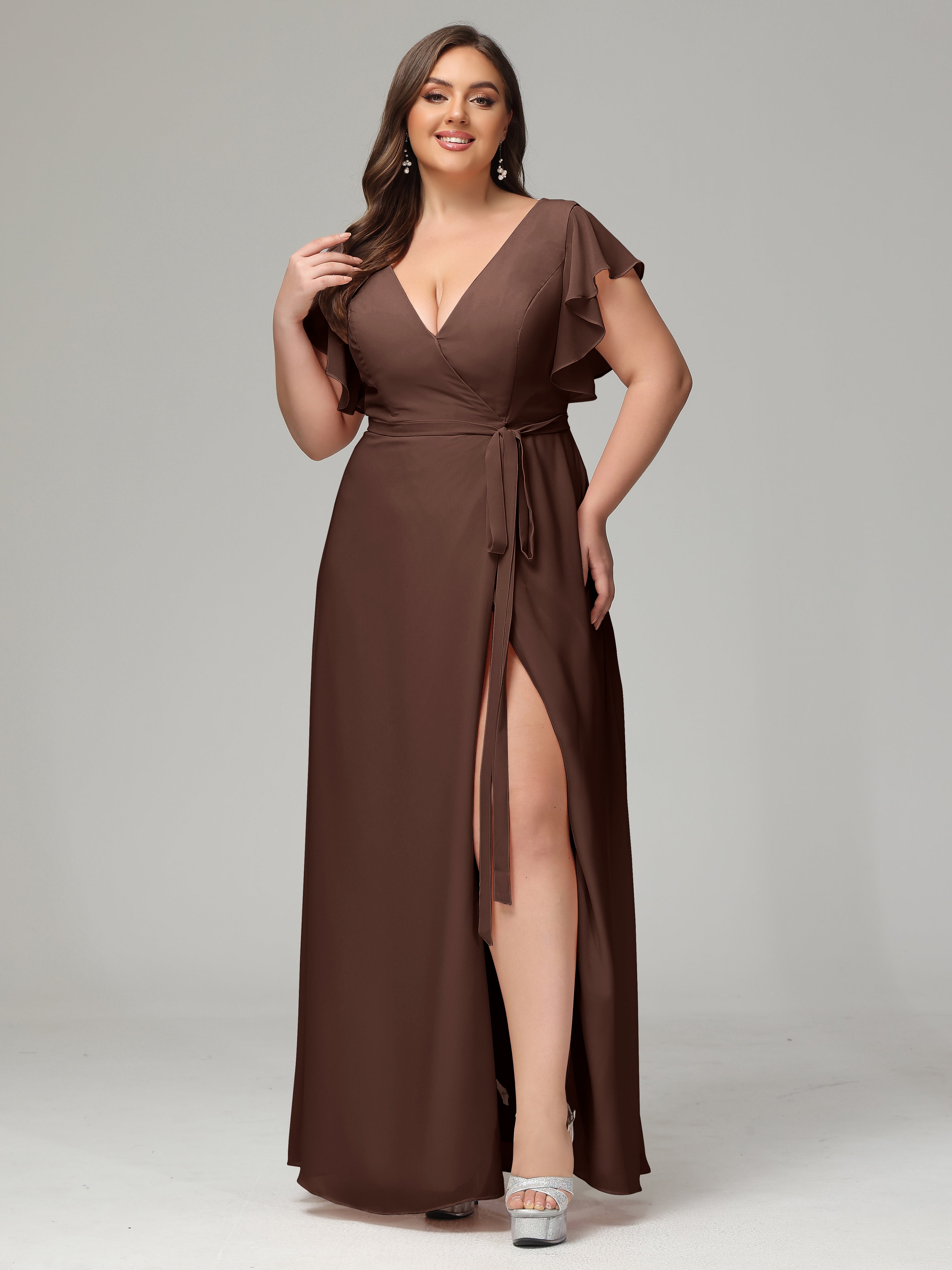 V-neck & Ruffled Sleeves Chiffon Bridesmaid Dress Plus Size