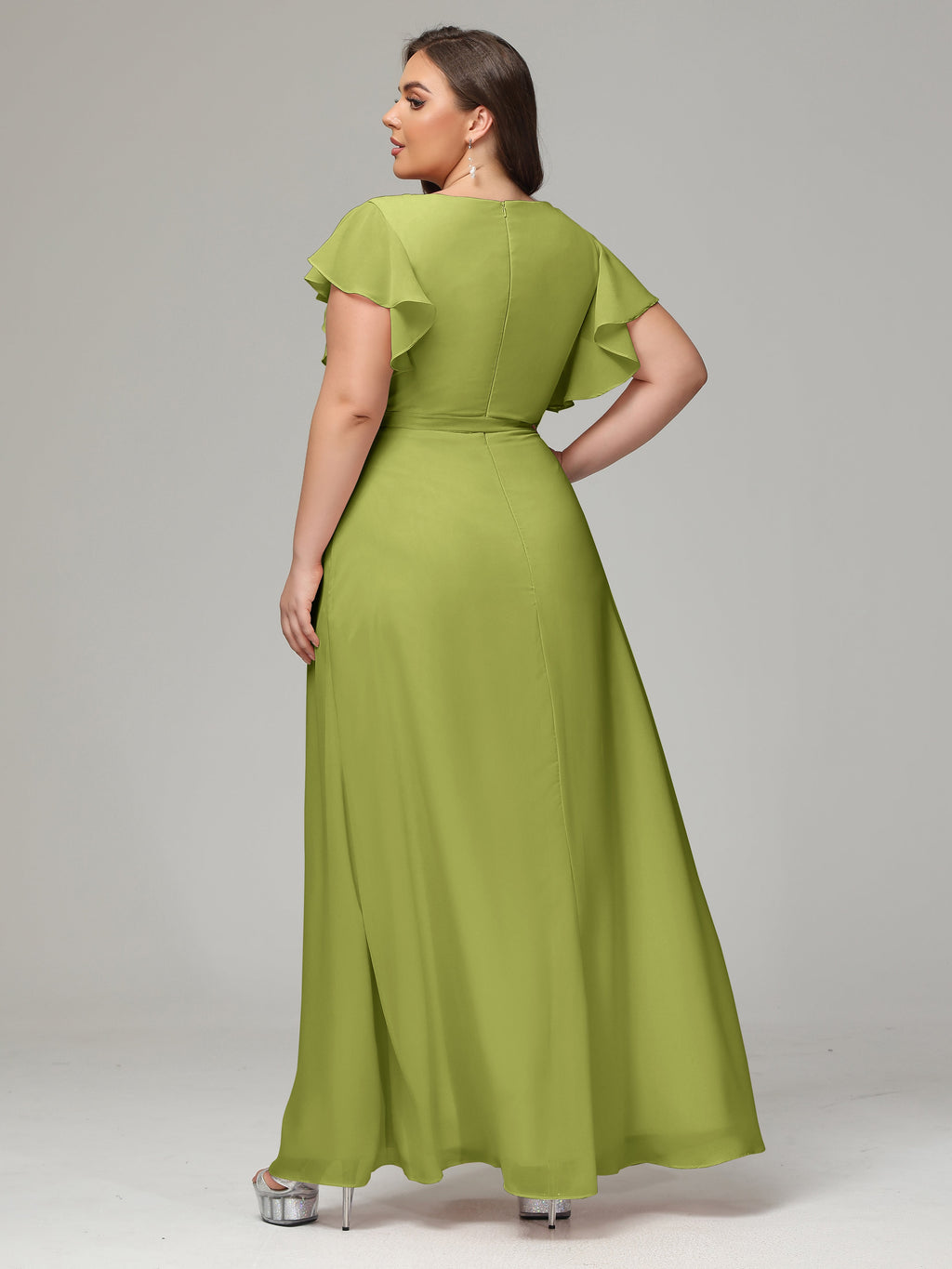 V-neck & Ruffled Sleeves Chiffon Bridesmaid Dress Plus Size