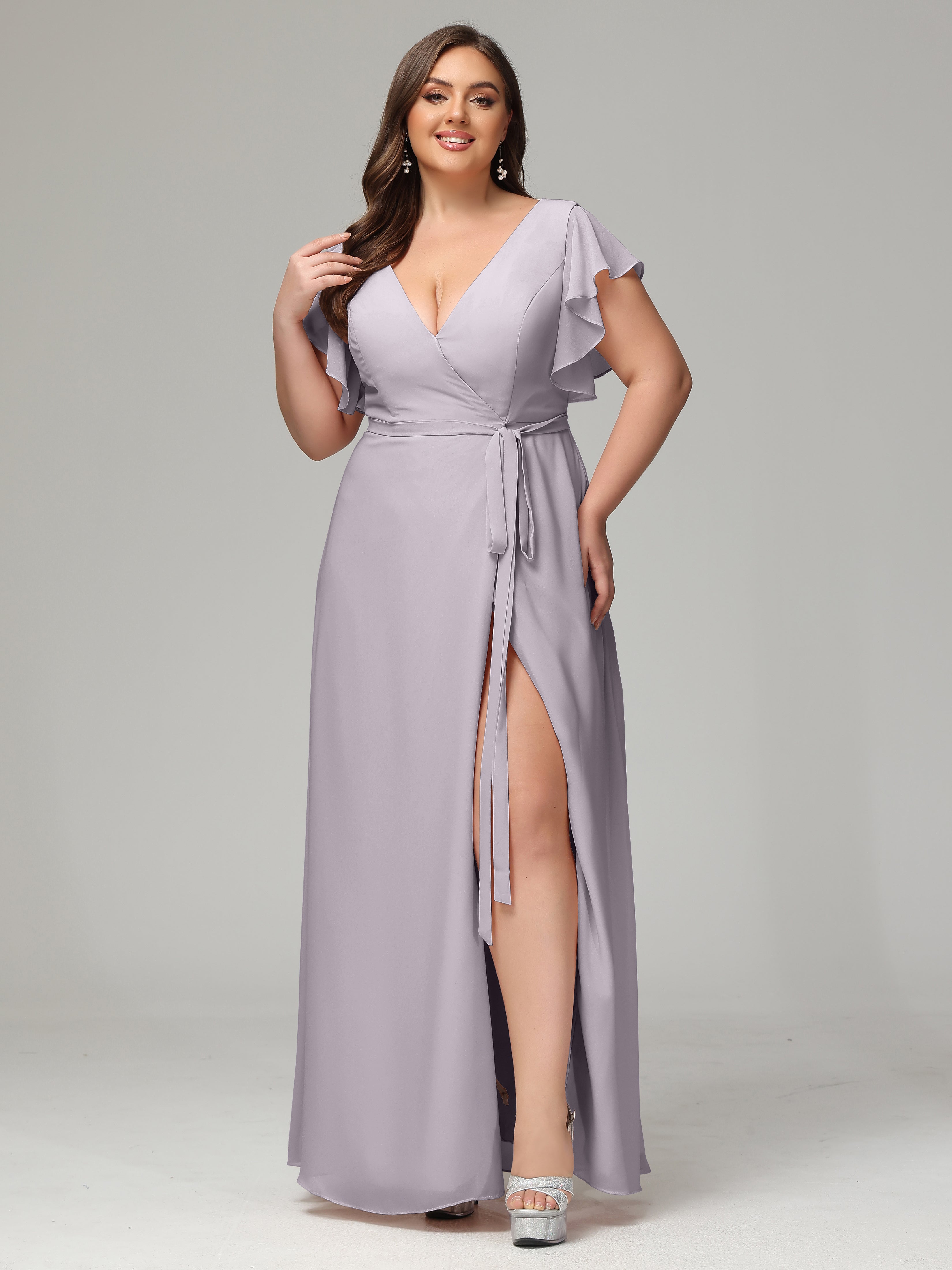 V-neck & Ruffled Sleeves Chiffon Bridesmaid Dress Plus Size